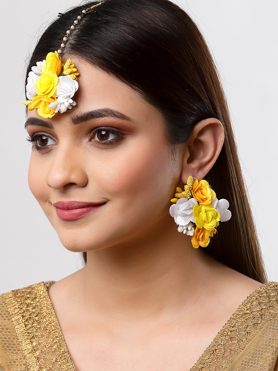 ZENEME White & Yellow Gota Patti Maang Tika Earring Set