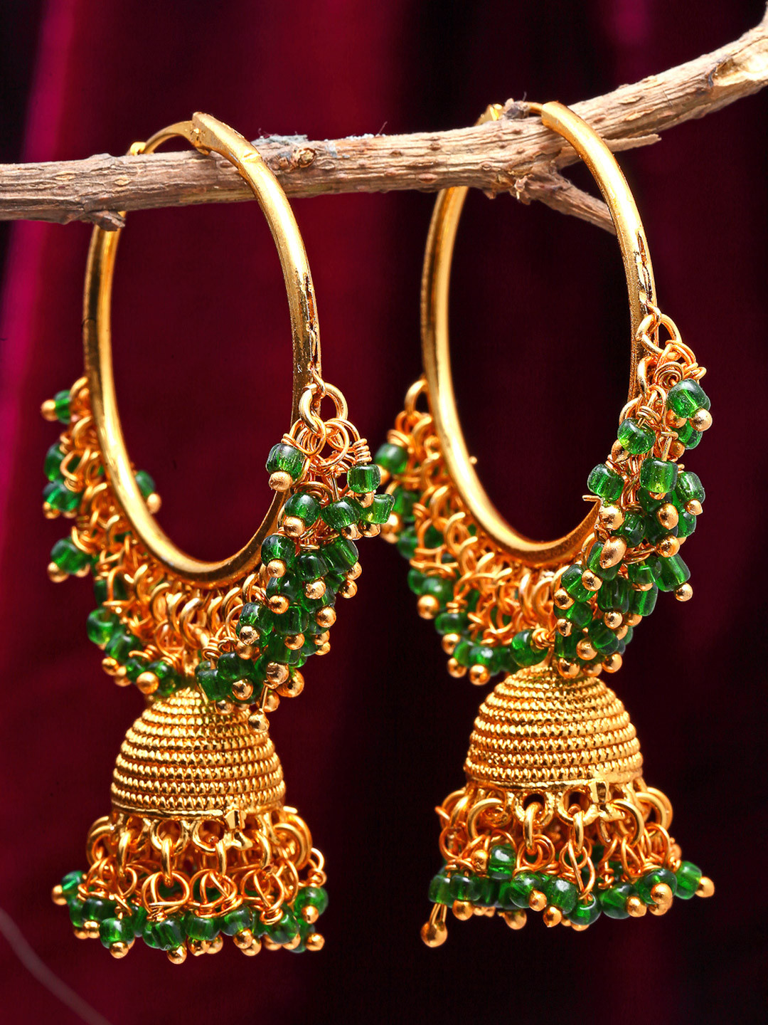 ZENEME Gold Plated Green Pearl Studded Jhumka Hoop Earrings