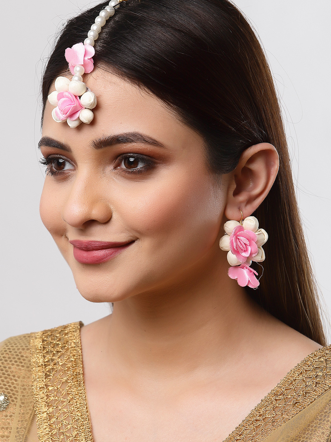 ZENEME Pink Rose & White Beads Gota Patti Maang Tikka With Earring