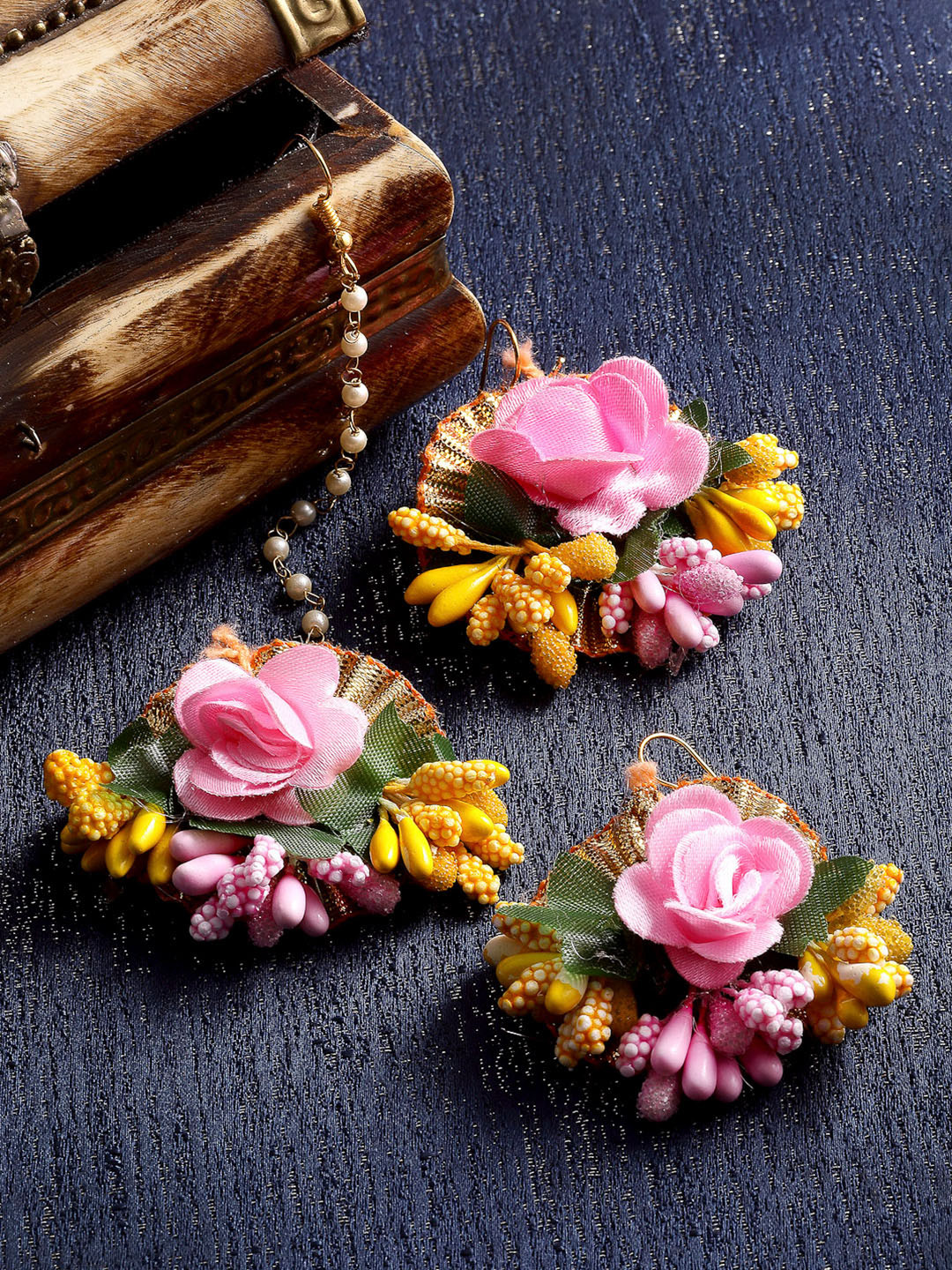 ZENEME Pink & Yellow Gold Gotta Patti Drop Maang Tikka With Earring Set