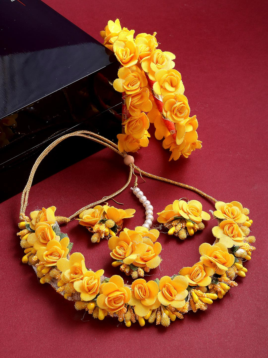 ZENEME Gold-Plated Yellow Floral Haldi Jewellery Set