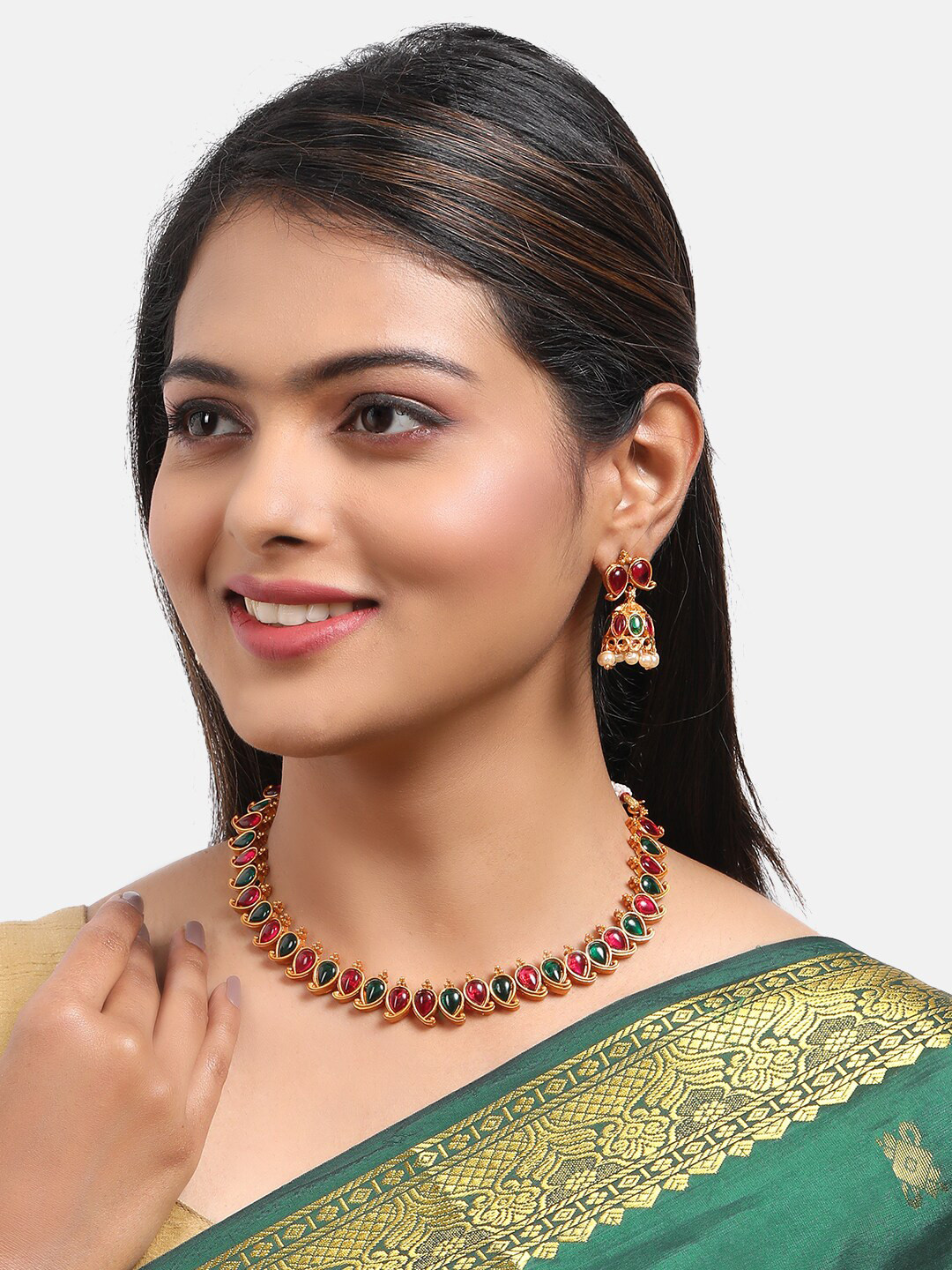GRIIHAM Gold-Plated Pink & Green Stone-Studded Antique Finish Necklace Set