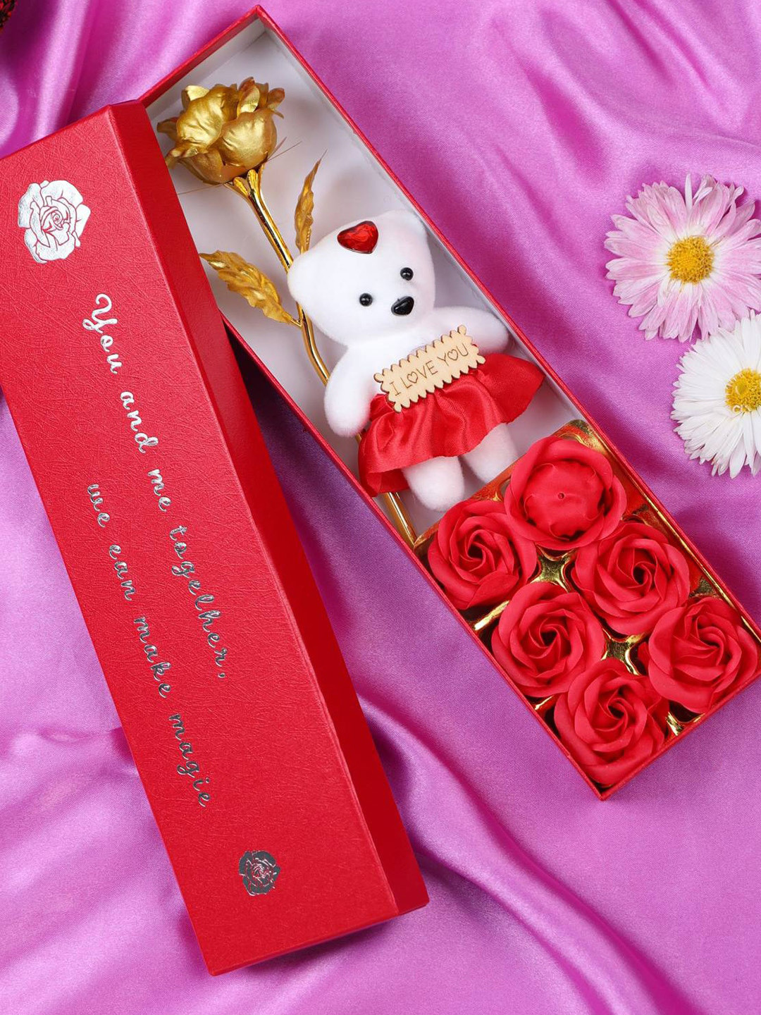 TIED RIBBONS Valentine Special Gift Artificial Golden Rose Flower & Mini Teddy Box Combo