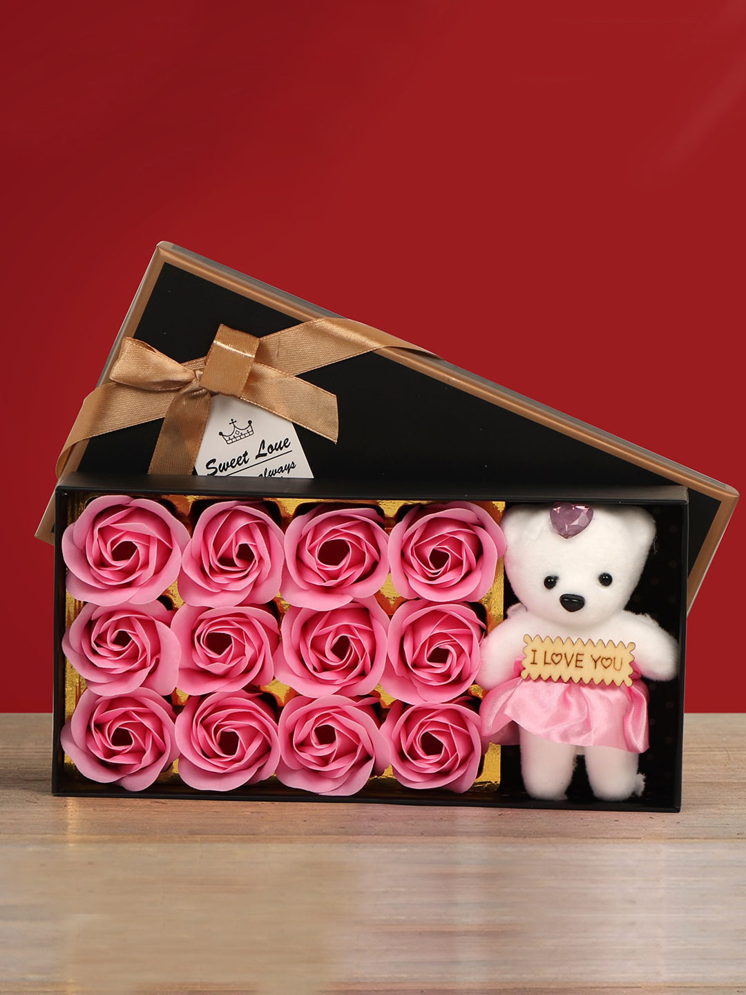 TIED RIBBONS Valentine Day Pink & White Artificial Rose Flower Box & Mini Teddy Gift Combo