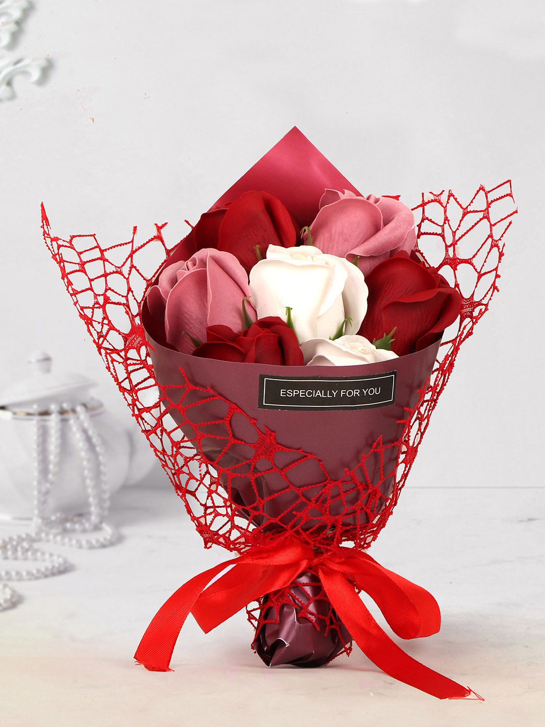TIED RIBBONS Valentines Day Red & Pink Artificial Rose Flower Bouquet