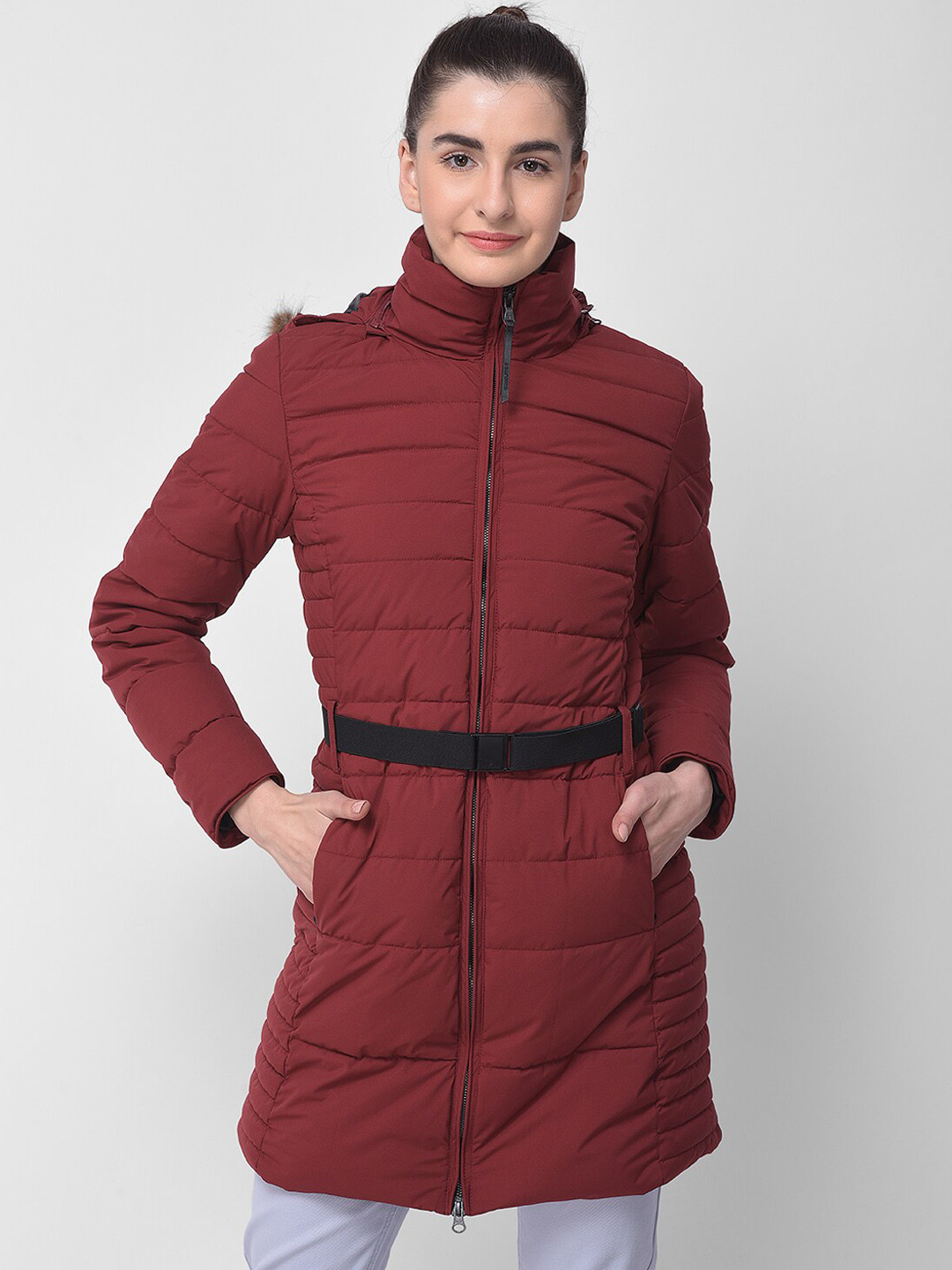 Woodland Women Burgundy Water Resistant Longline Padded Jacket with Belt
