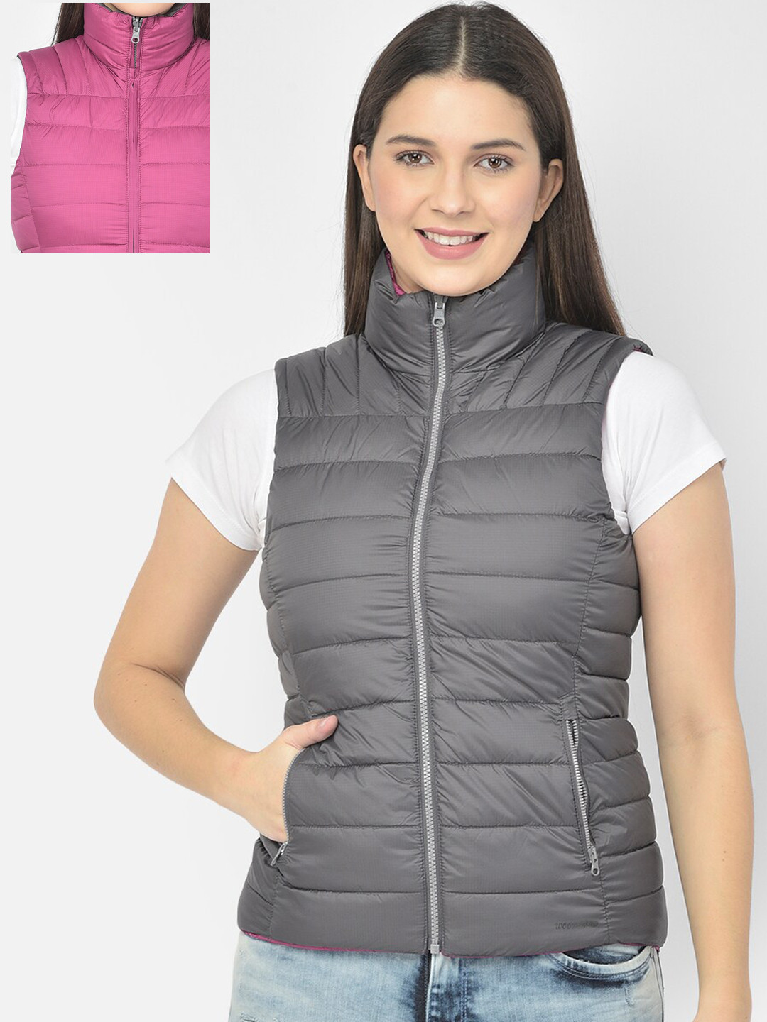 Woodland Women Grey & Pink Water Resistant Reversible Jacket