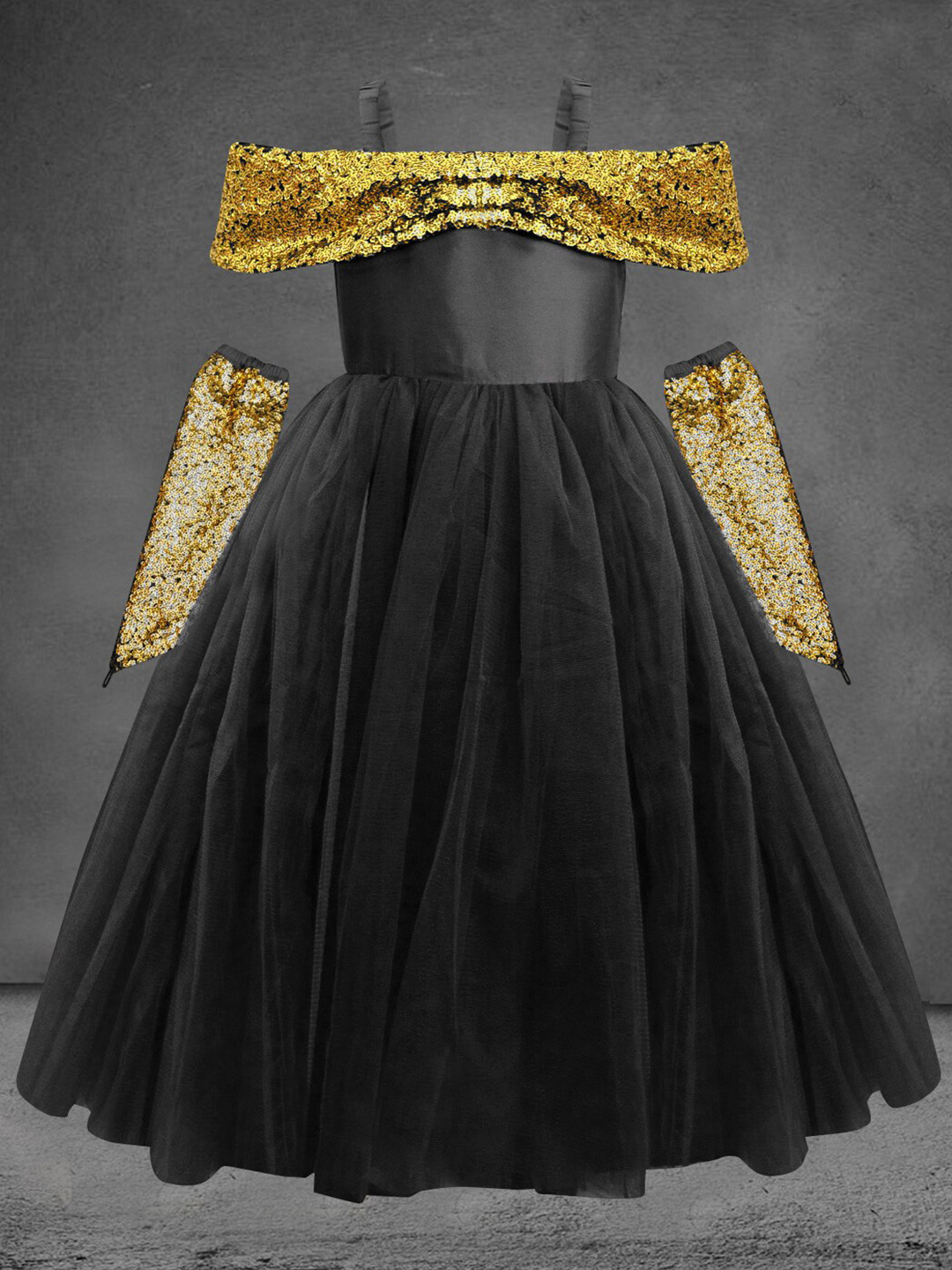 A.T.U.N. Girls Black & Gold-Toned Off-Shoulder Net Maxi Dress with Gloves