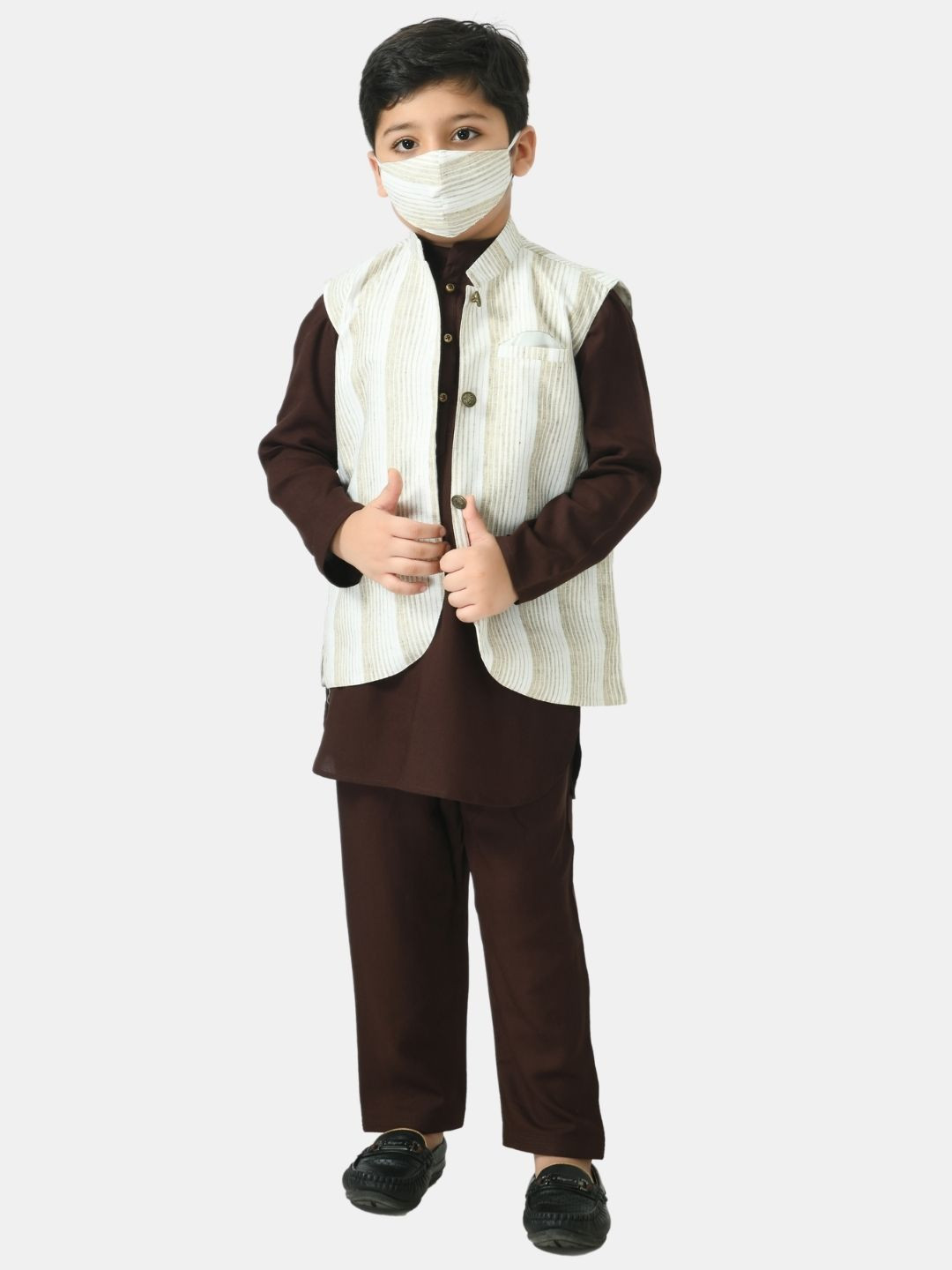 Muffin Shuffin Boys Brown Kurta & Pyjamas with Nehru Jacket & Mask