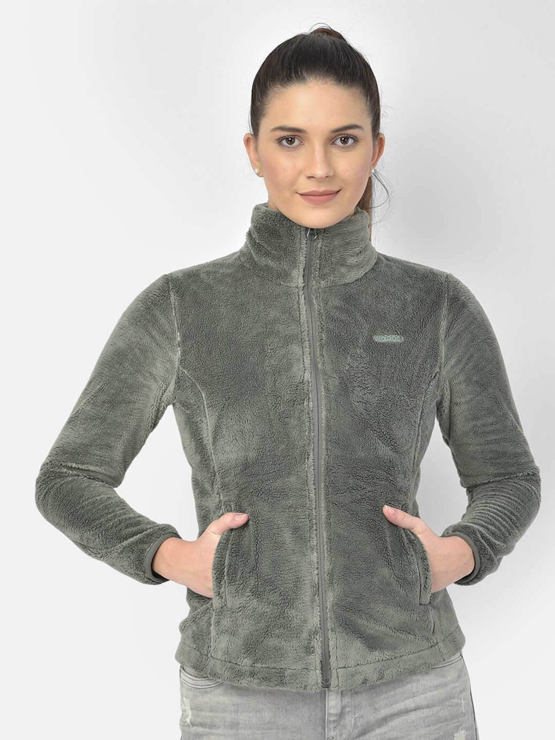 Woods Women Green Solid Fur Sweatshirt