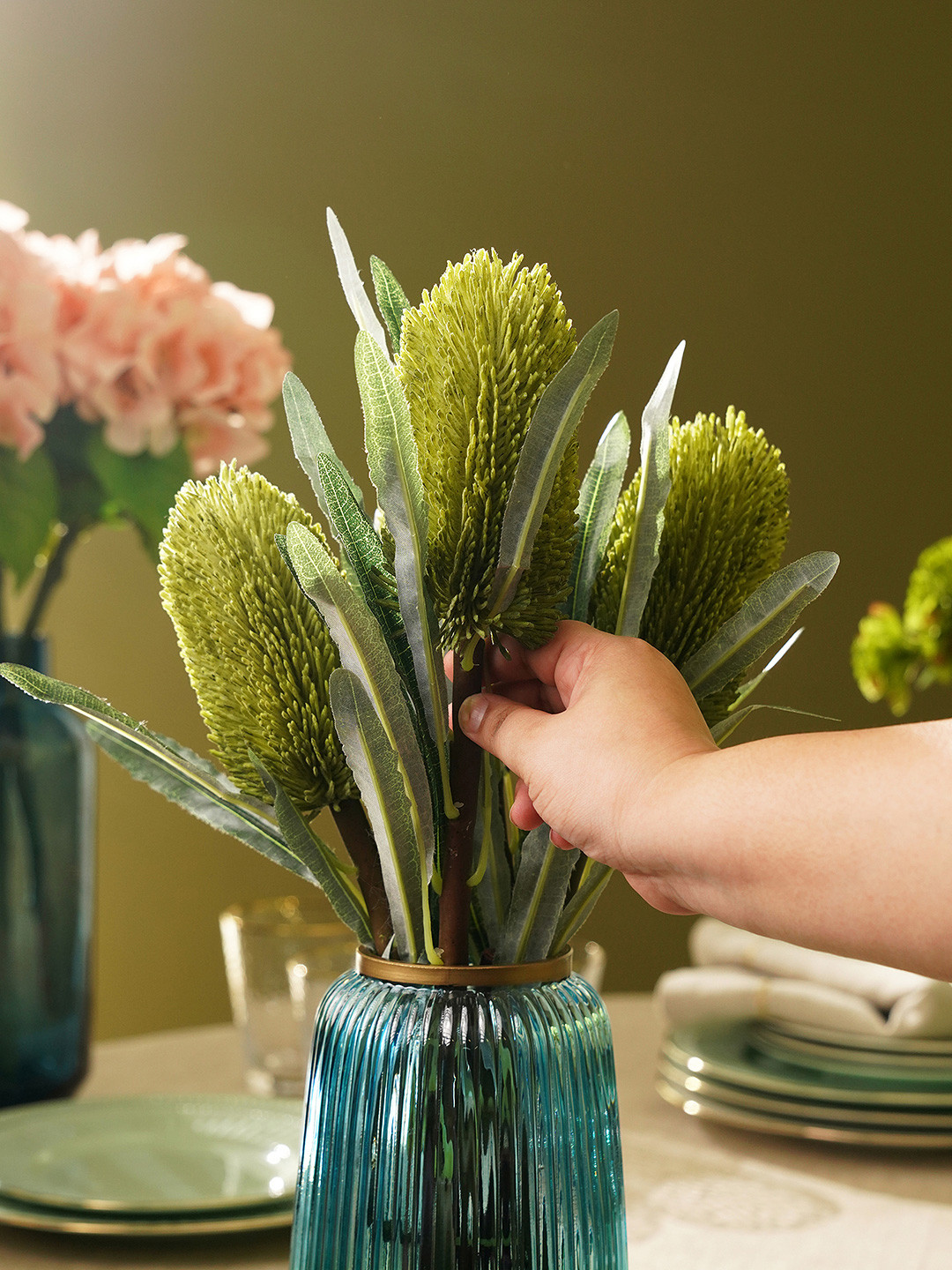 Pure Home and Living Green Single Protea Stem Artificial Flower