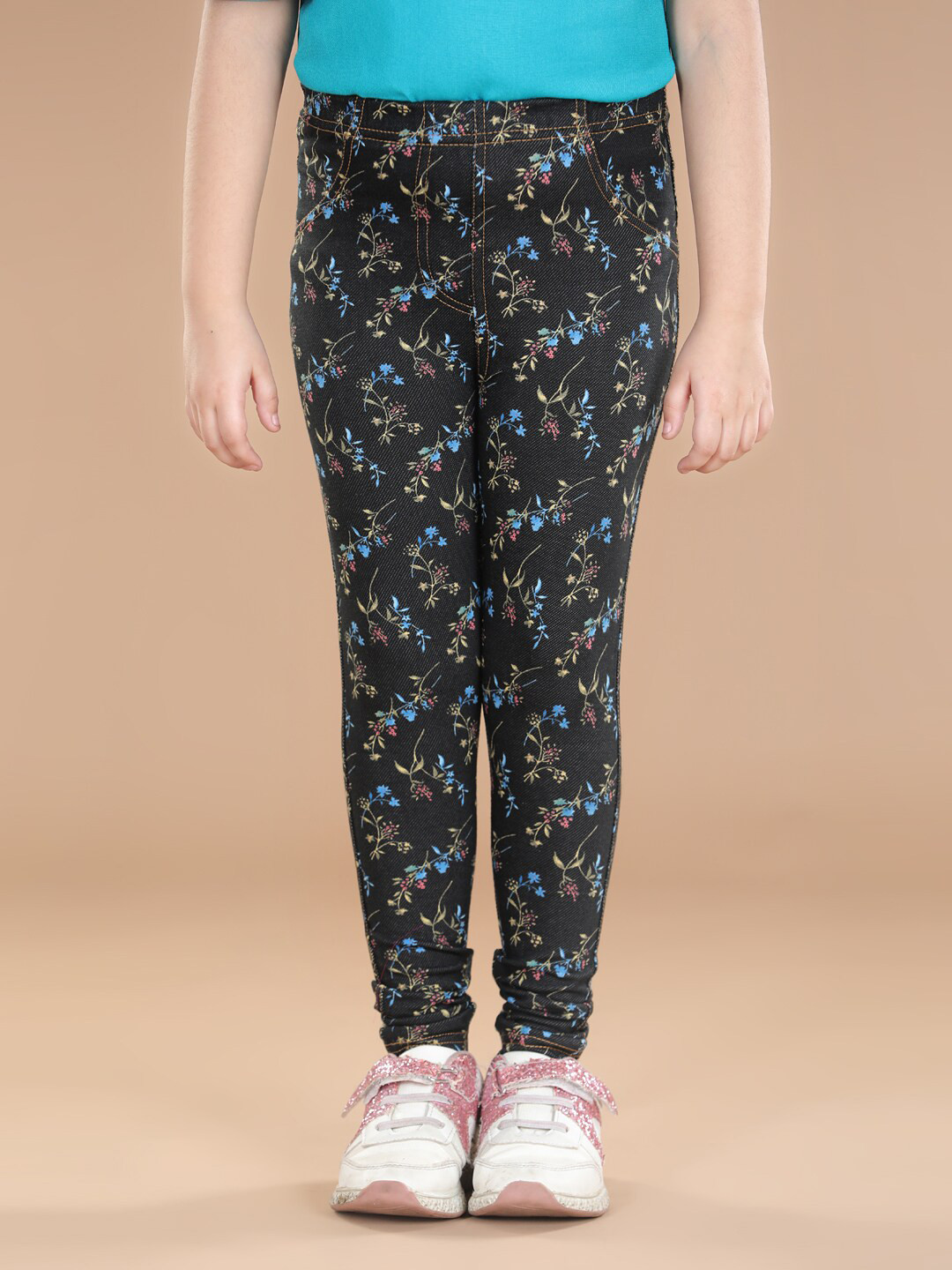 StyleStone Girls Black & Pink Floral Printed Cotton Jeggings