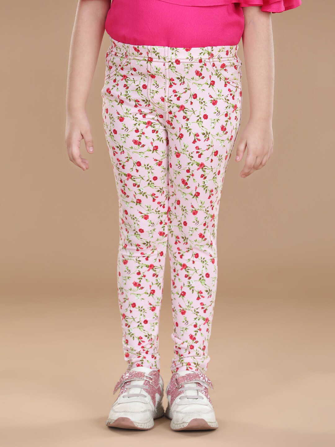 StyleStone Girls Pink & Green Floral Printed Cotton Treggings