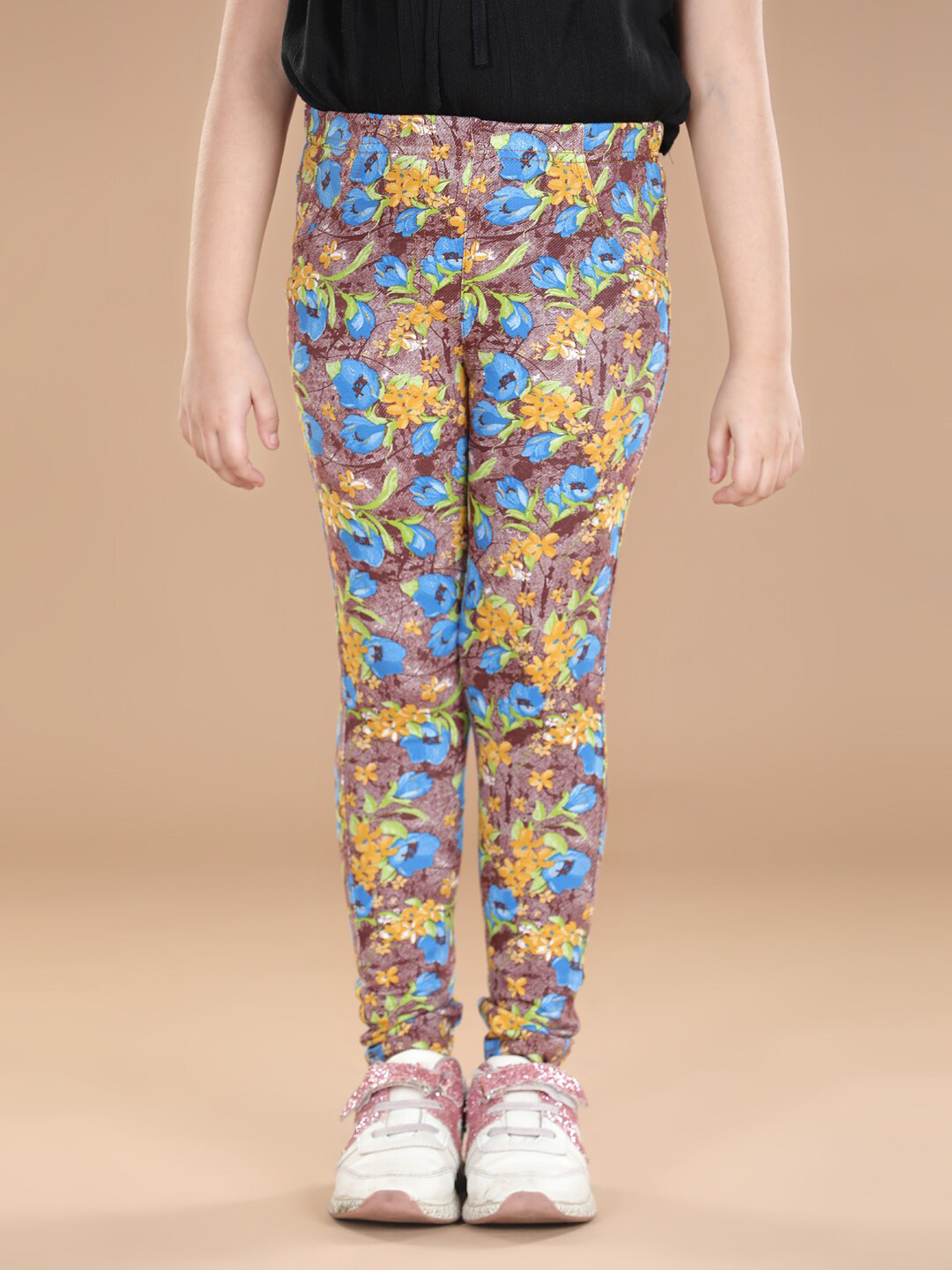 StyleStone Girls Grey & Blue Floral Printed Cotton Jeggings