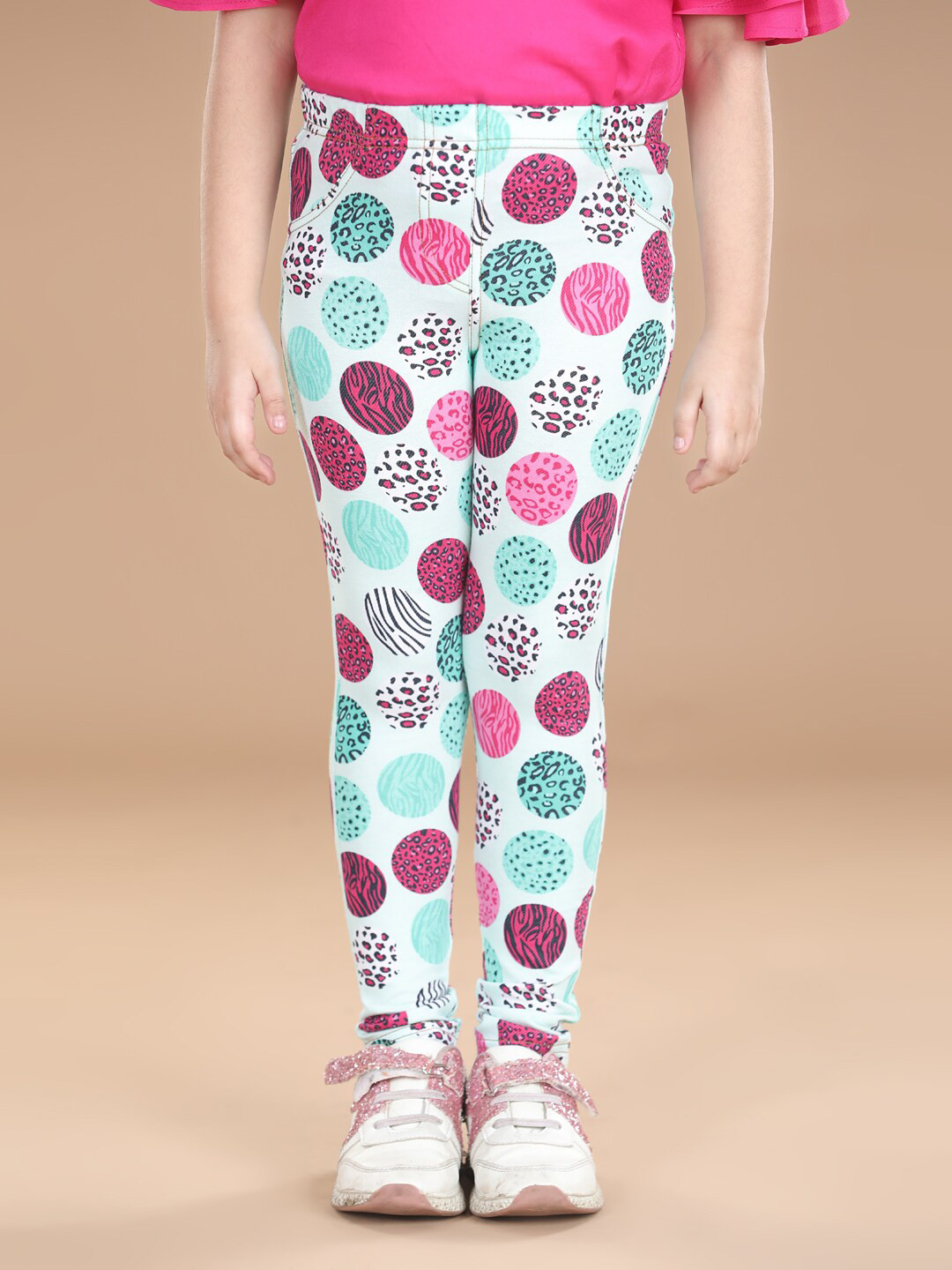 StyleStone Girls White & Pink Printed Cotton Treggings