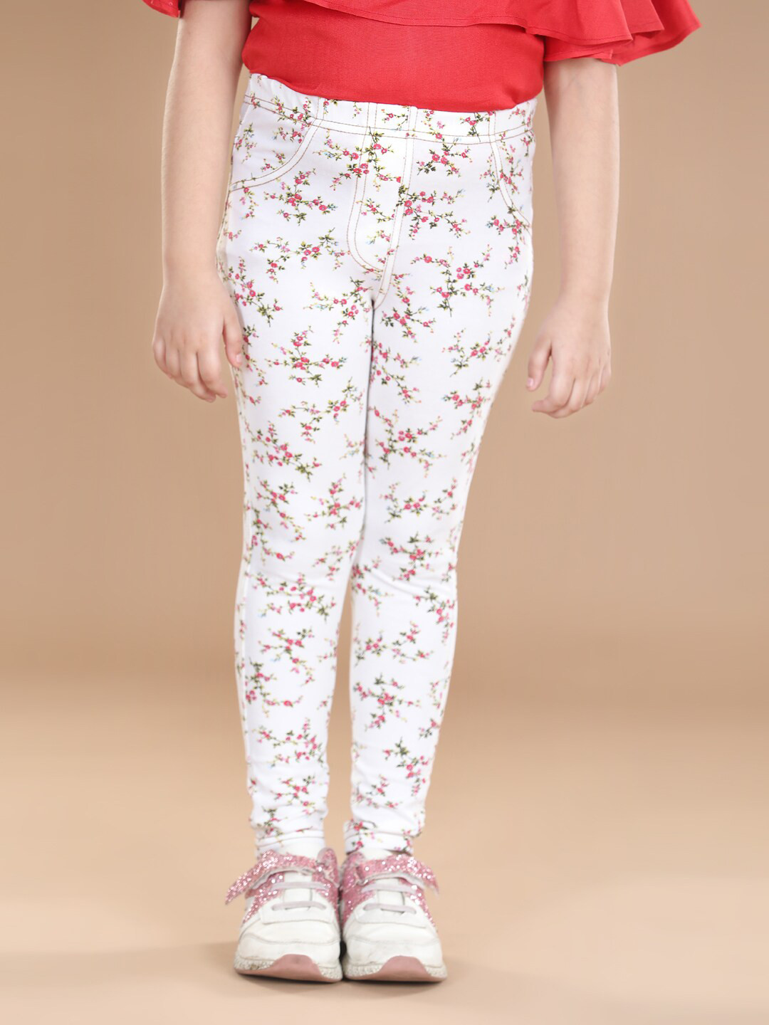 StyleStone Girls White Printed Cotton Jeggings