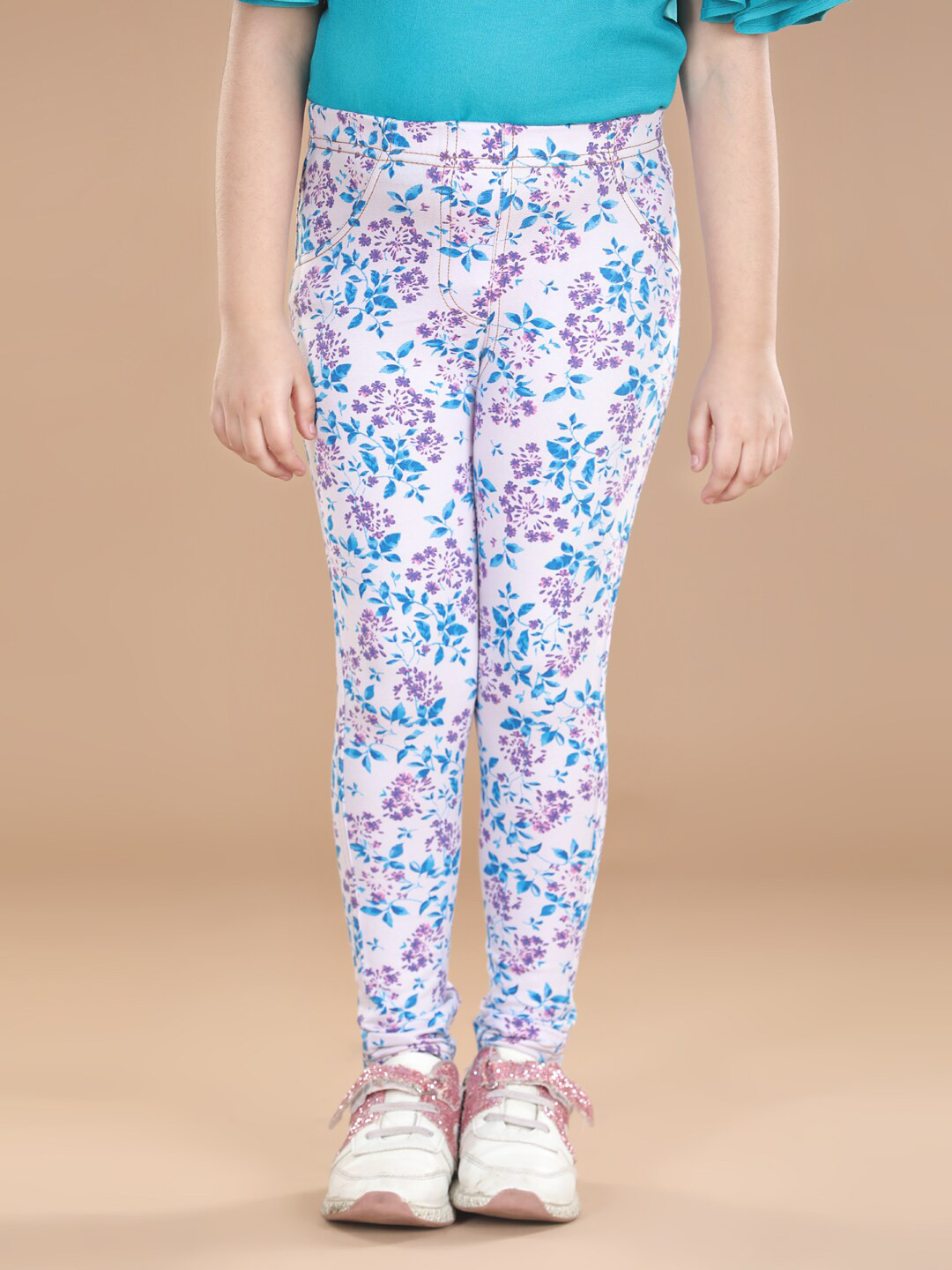 StyleStone Girls Blue & Purple Floral Printed Cotton Treggings