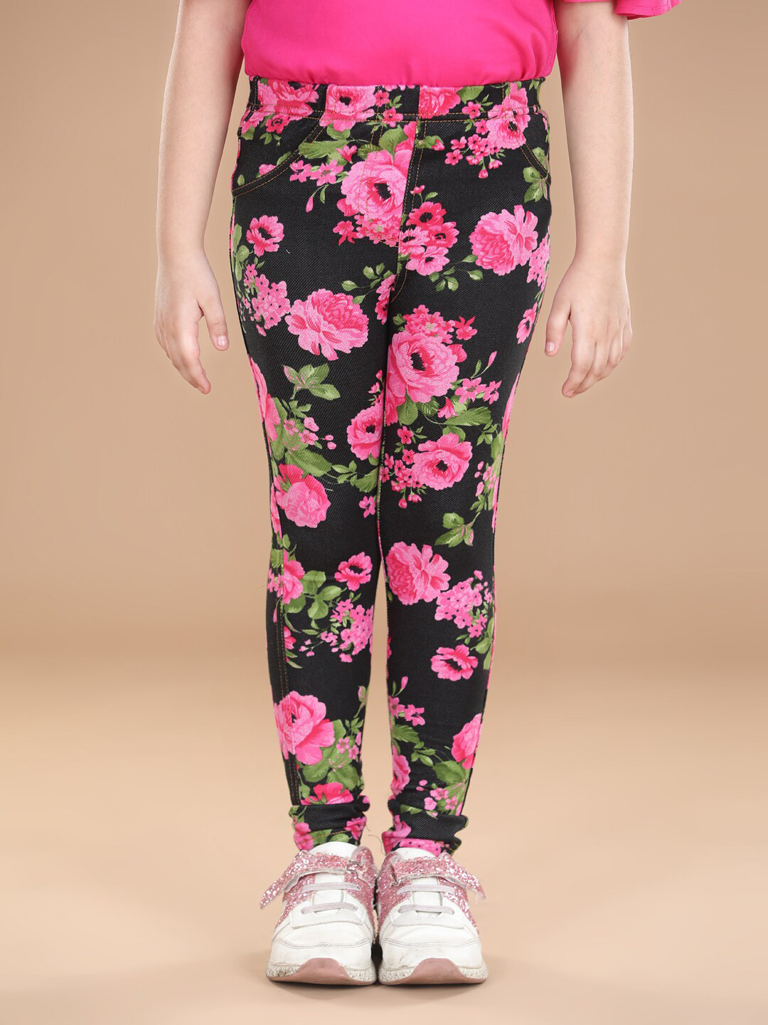 StyleStone Girls Black & Pink Printed Cotton Jeggings