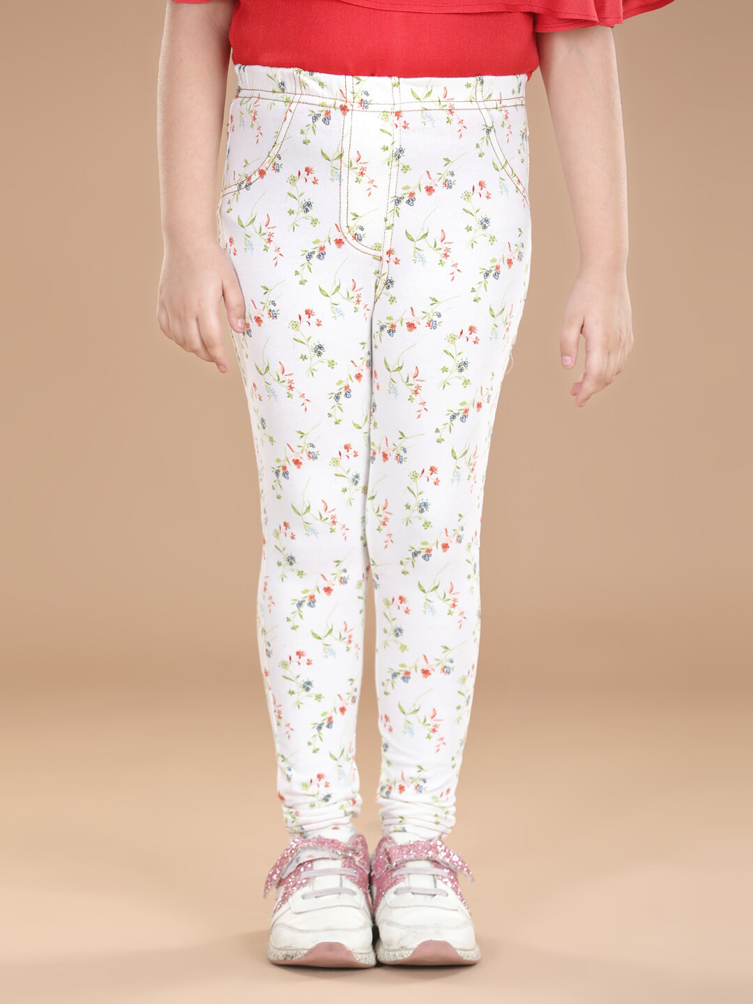 StyleStone Girls White Floral Printed Cotton Treggings