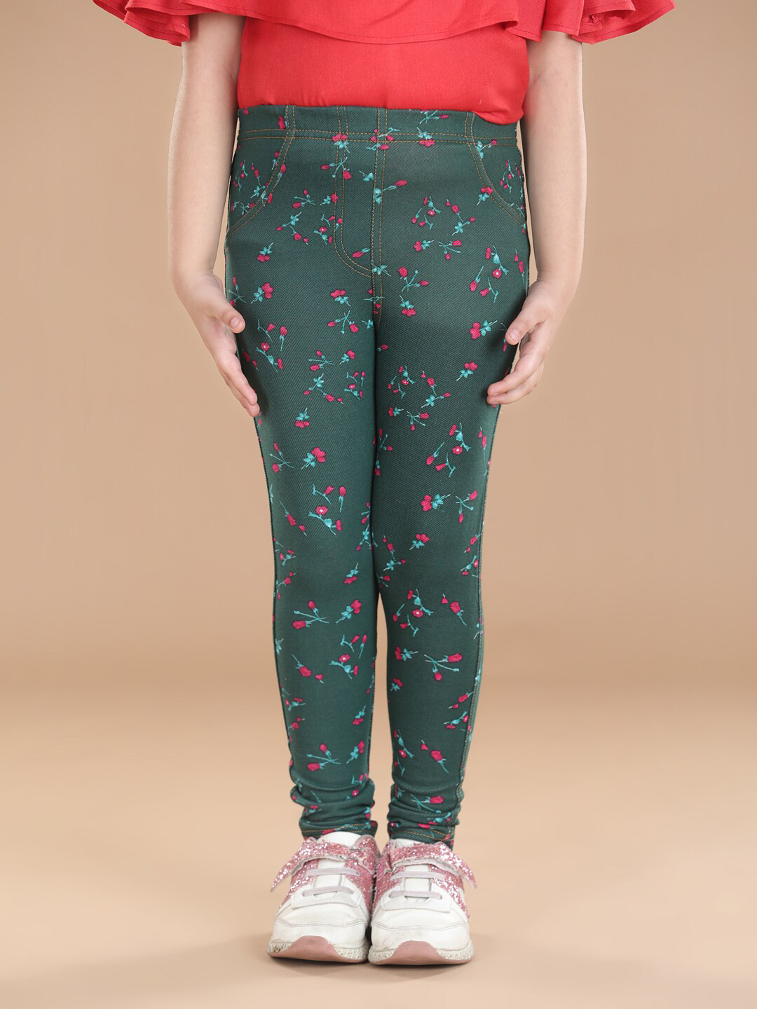 StyleStone Girls Green Floral Printed Cotton Jeggings