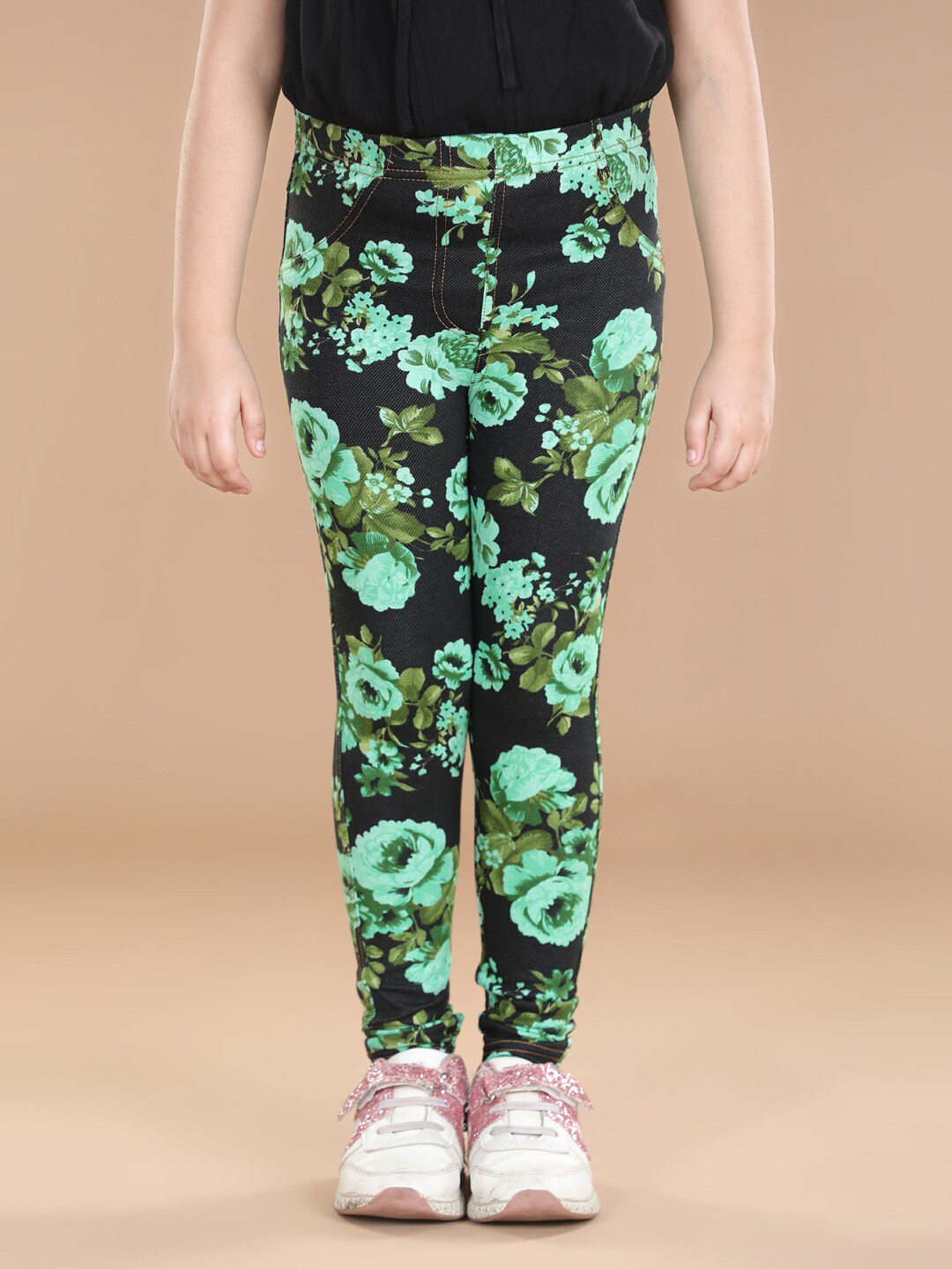 StyleStone Girls Black & Green Printed Cotton Jeggings