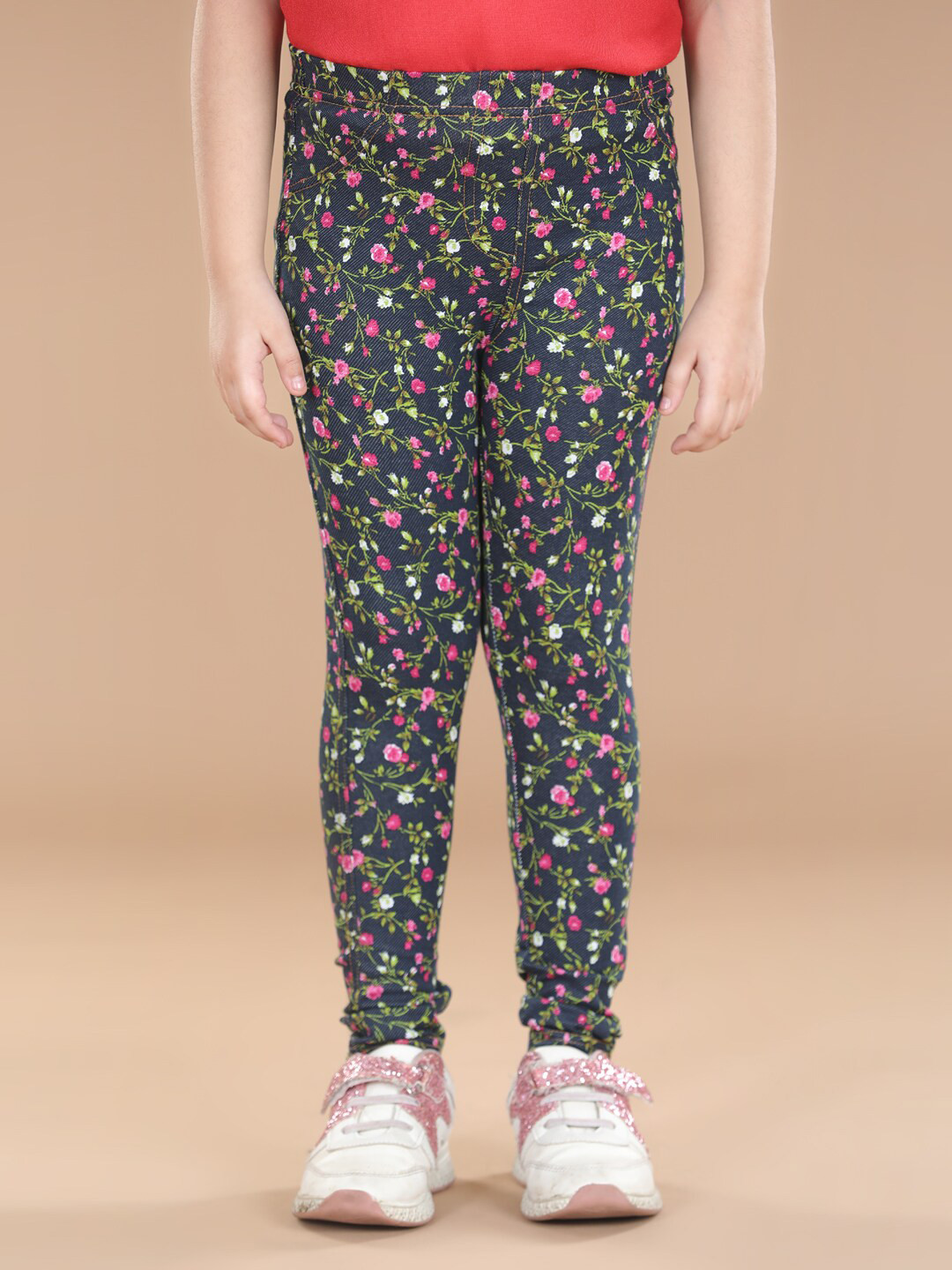 StyleStone Girls Navy-Blue & Pink Floral Printed Cotton Treggings