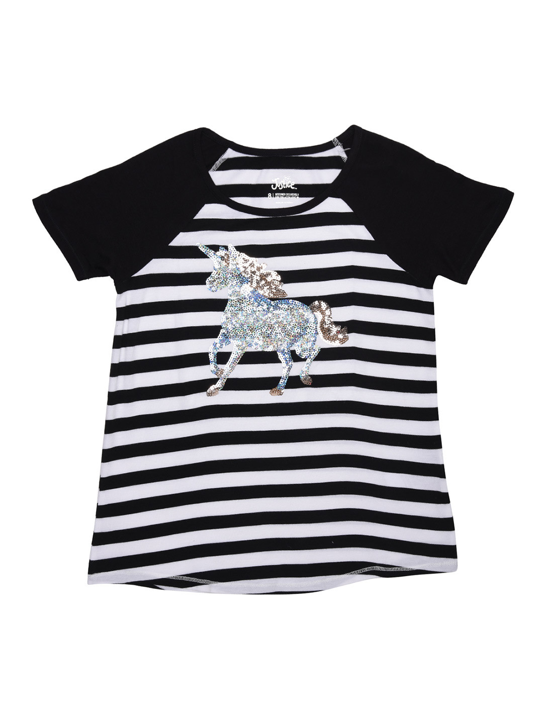 Buy JUSTICE Girls Black White Striped Round Neck T-shirt