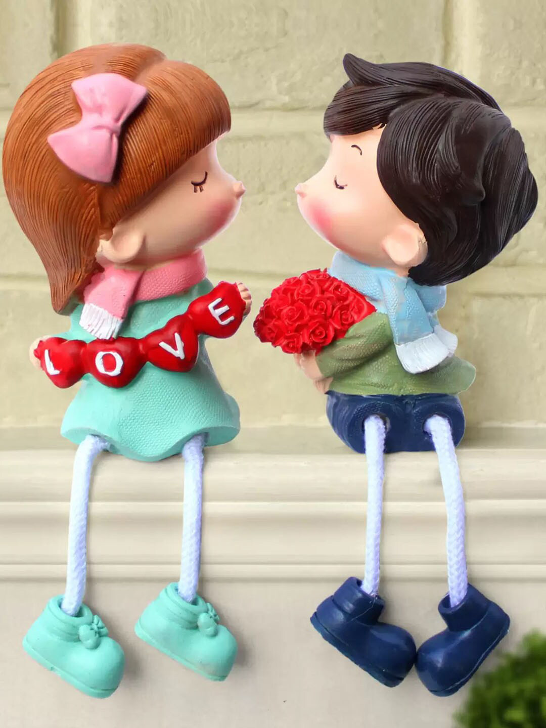 TIED RIBBONS Romantic Long Leg Couple Blue Polyresin Matte Bedroom Set of 2 Medium Showpieces - 7.1 Inches