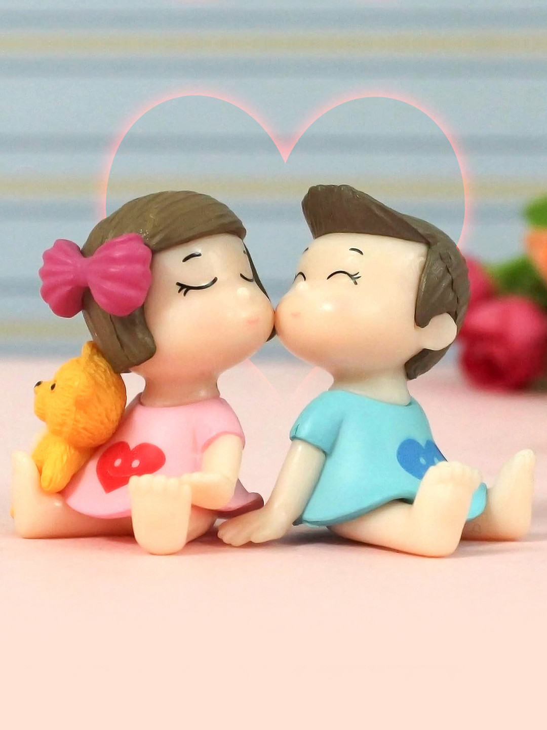 TIED RIBBONS Romantic Cute Love Couple Pink Polyresin Glossy Living Room Set of 2 Tiny Showpieces - 1.5 Inches