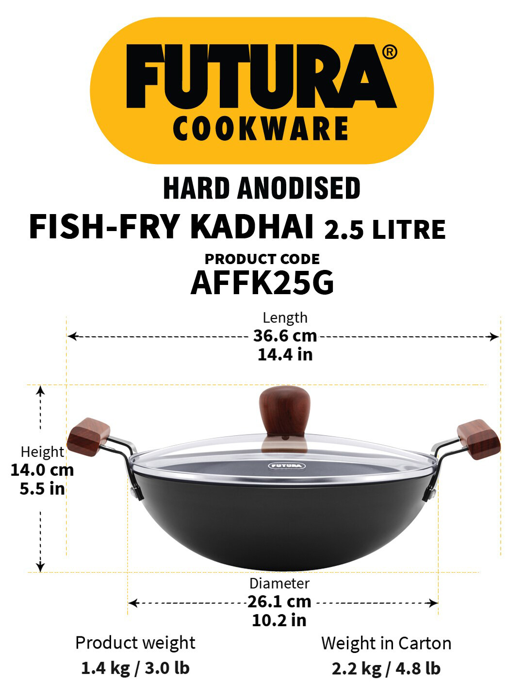 Hawkins Black Solid Futura Hard Anodised Fish-Fry Kadhai With Glass Lid