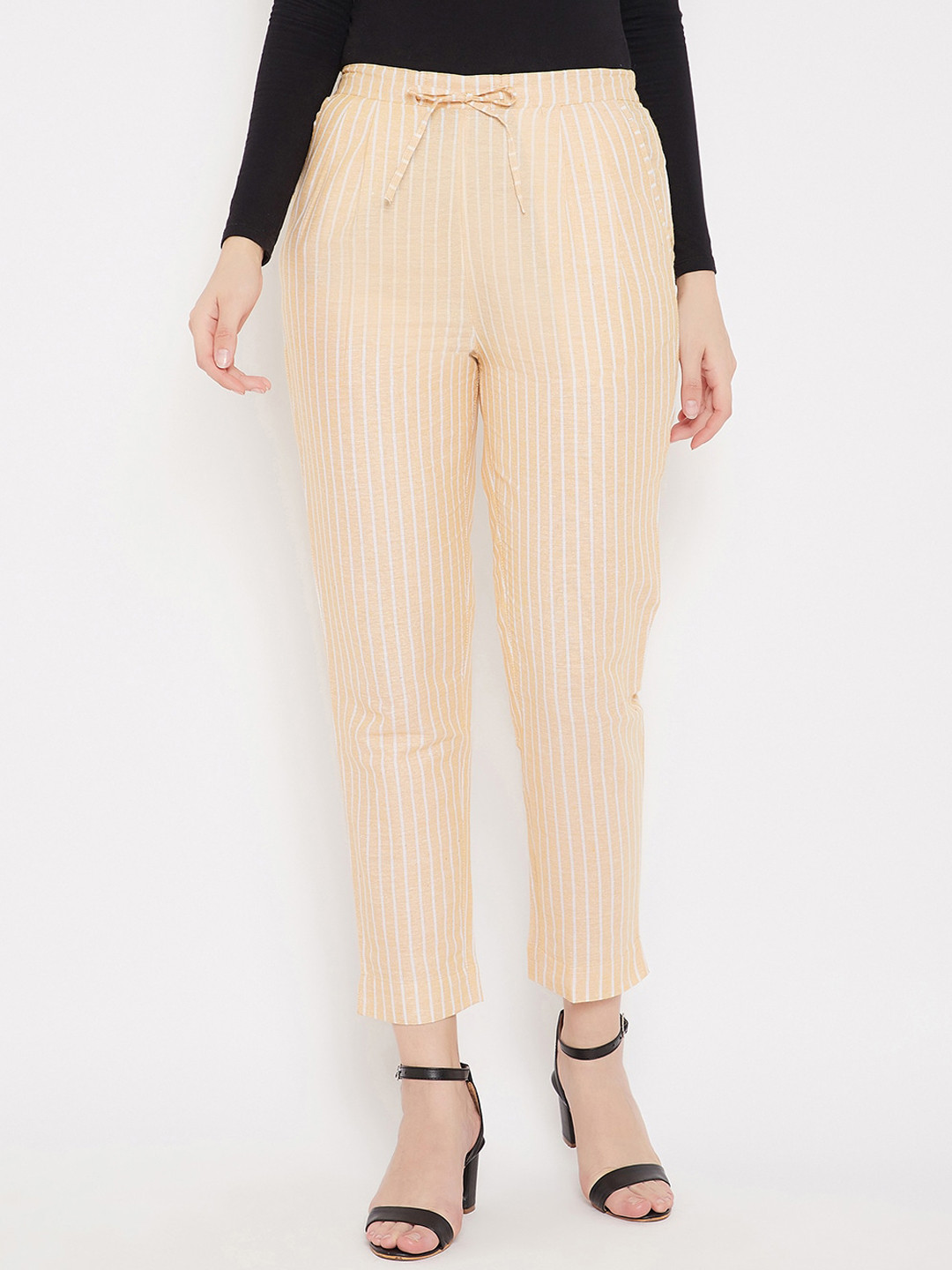 Bitterlime Women Mustard Yellow Striped Smart Trousers