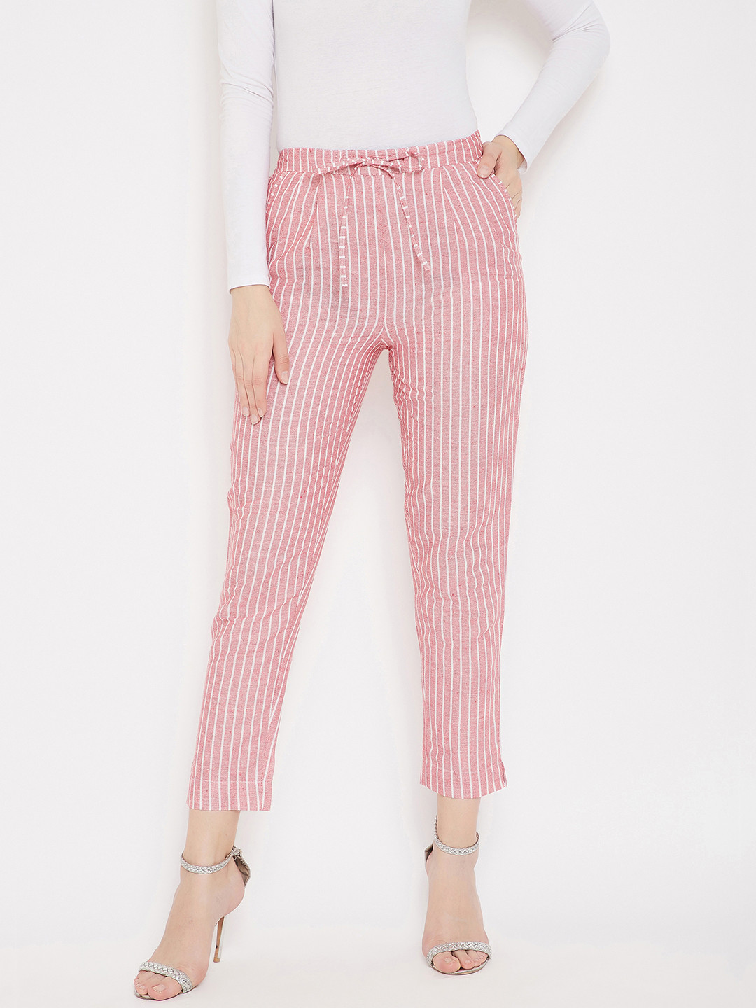 Bitterlime Women Pink Striped Smart Cotton Cropped Regular Trousers