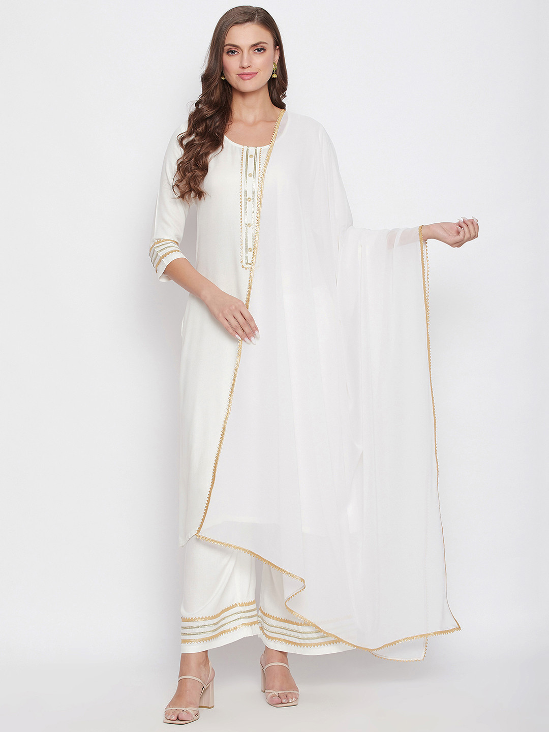 Bitterlime Women White Yoke Design Layered Gotta Patti Kurti with Trousers & With Dupatta