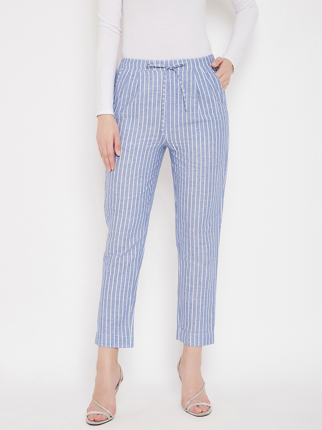 Bitterlime Women Blue Striped Smart Cotton Cropped Regular Trousers