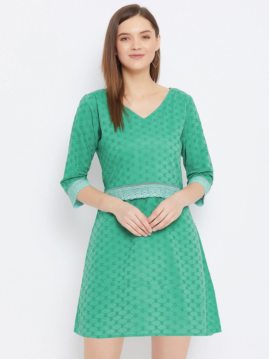 Bitterlime Green Schiffli Embroidered Dress