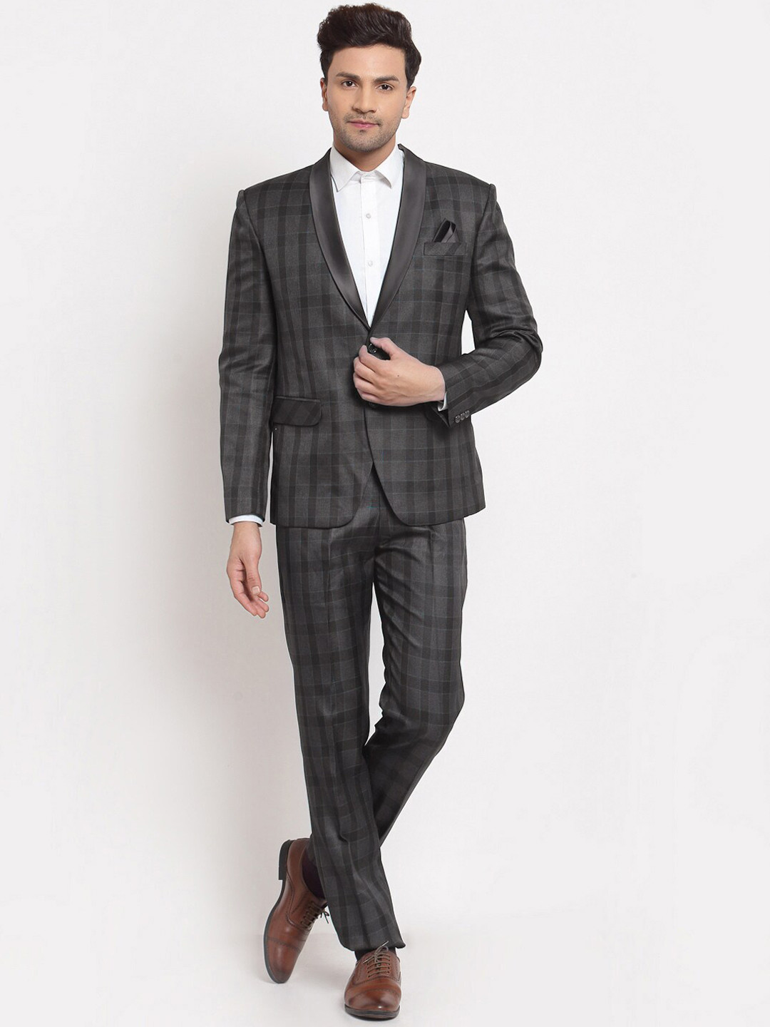 KLOTTHE Men Grey Checked Single-Breasted Two-Piece Party Suit