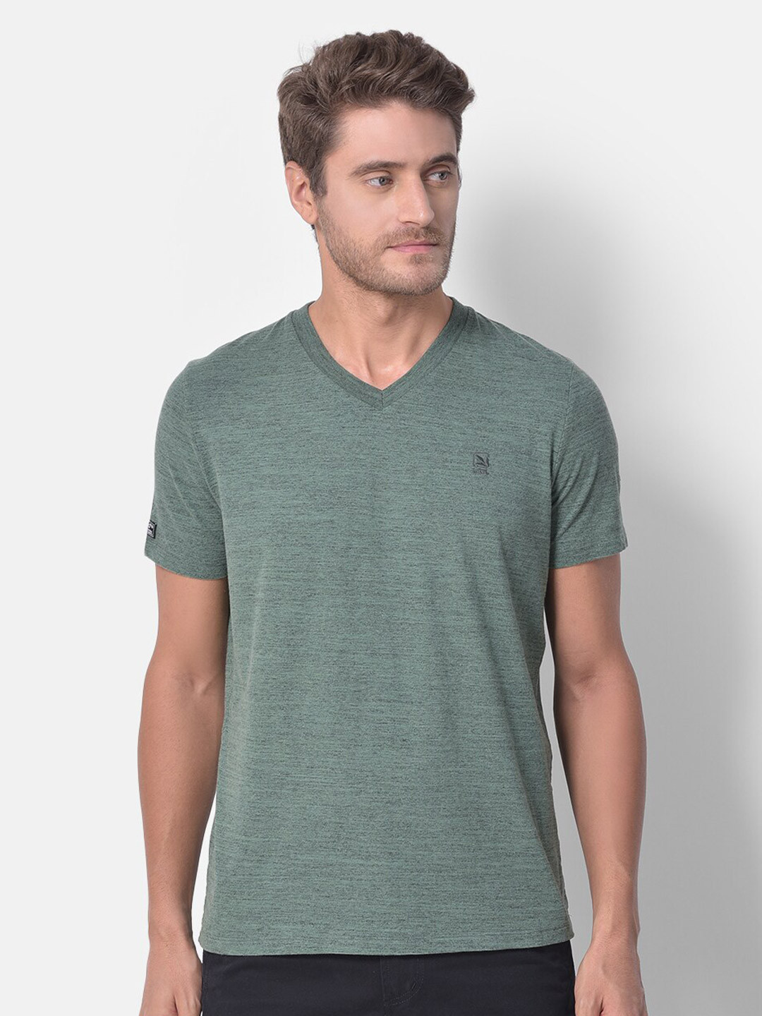 Woodland Men Green V-Neck T-shirt