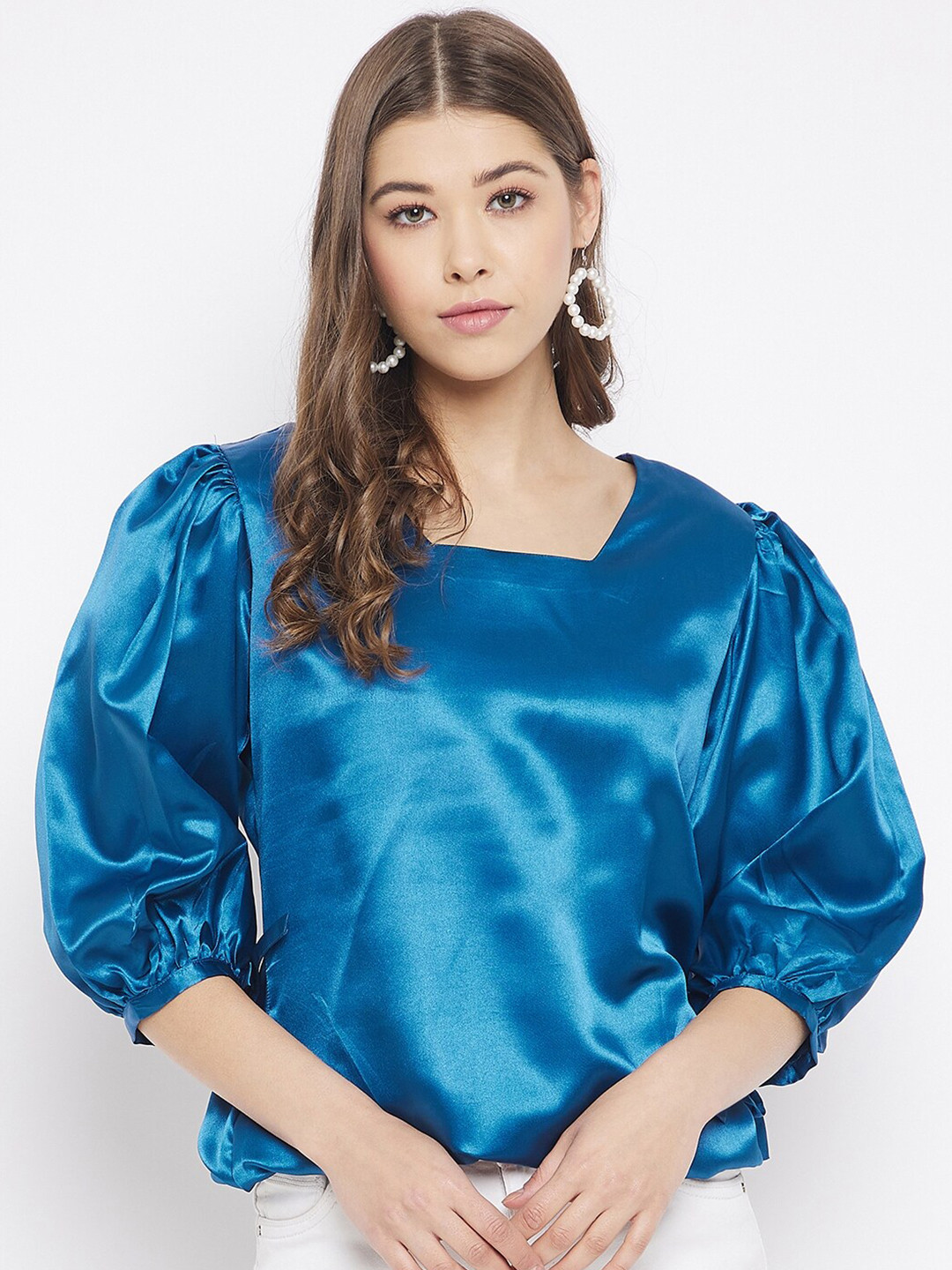 Bitterlime Blue Puff Sleeves Satin Top