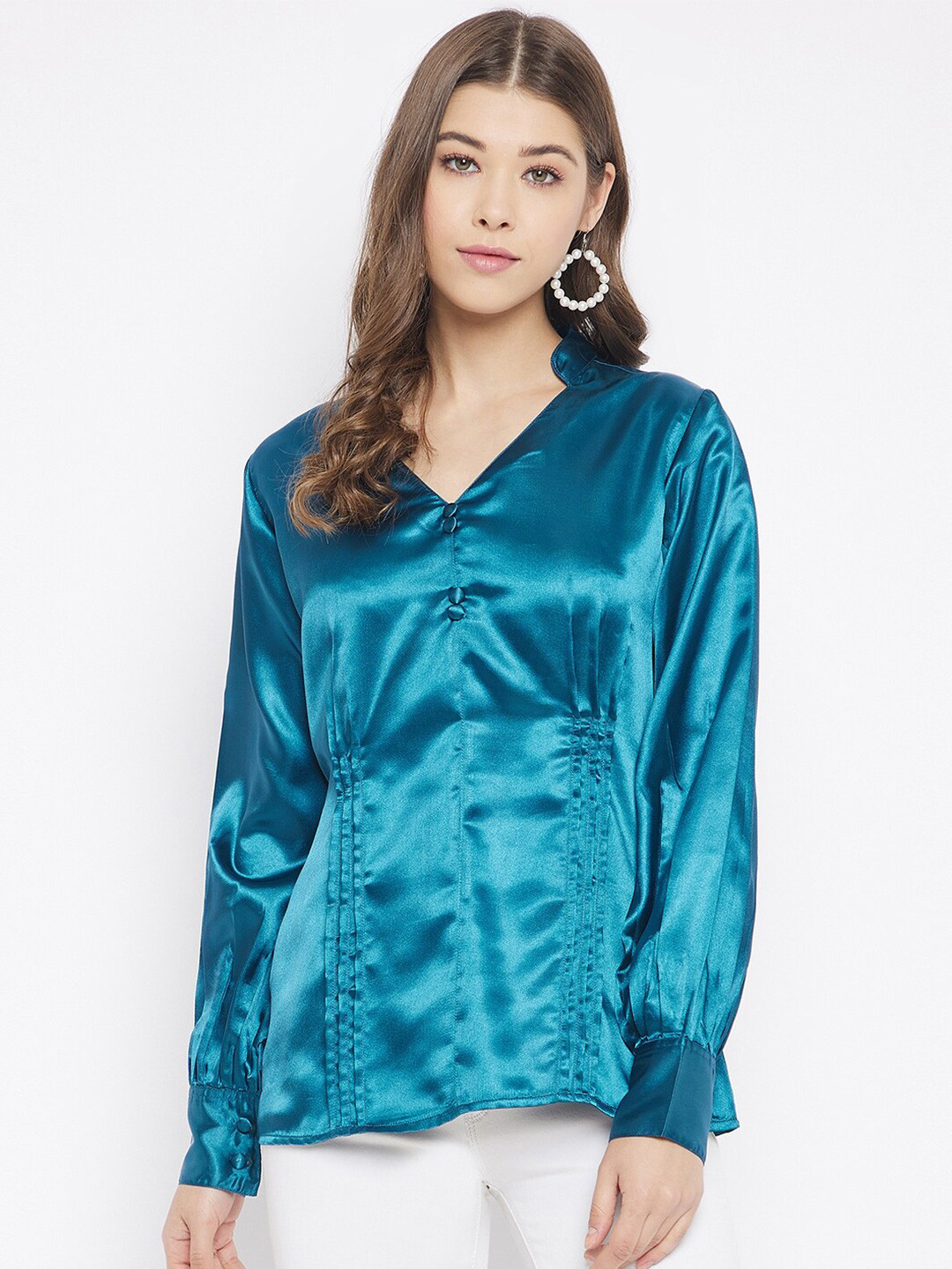 Bitterlime Teal Blue Solid Satin Top