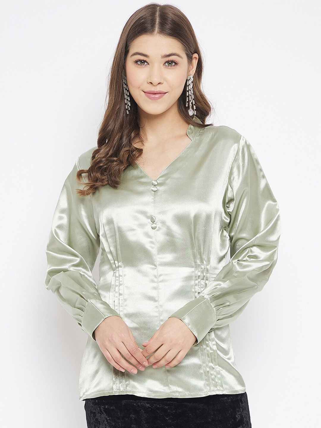 Bitterlime Green Solid Mandarin Collar Satin Top