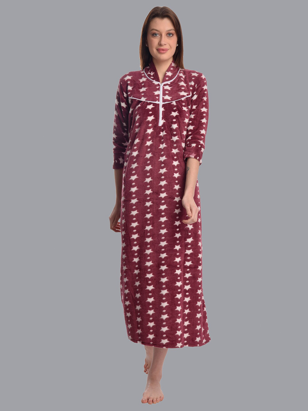 CIERGE Burgundy Printed Wool Blend Maxi Nightdress