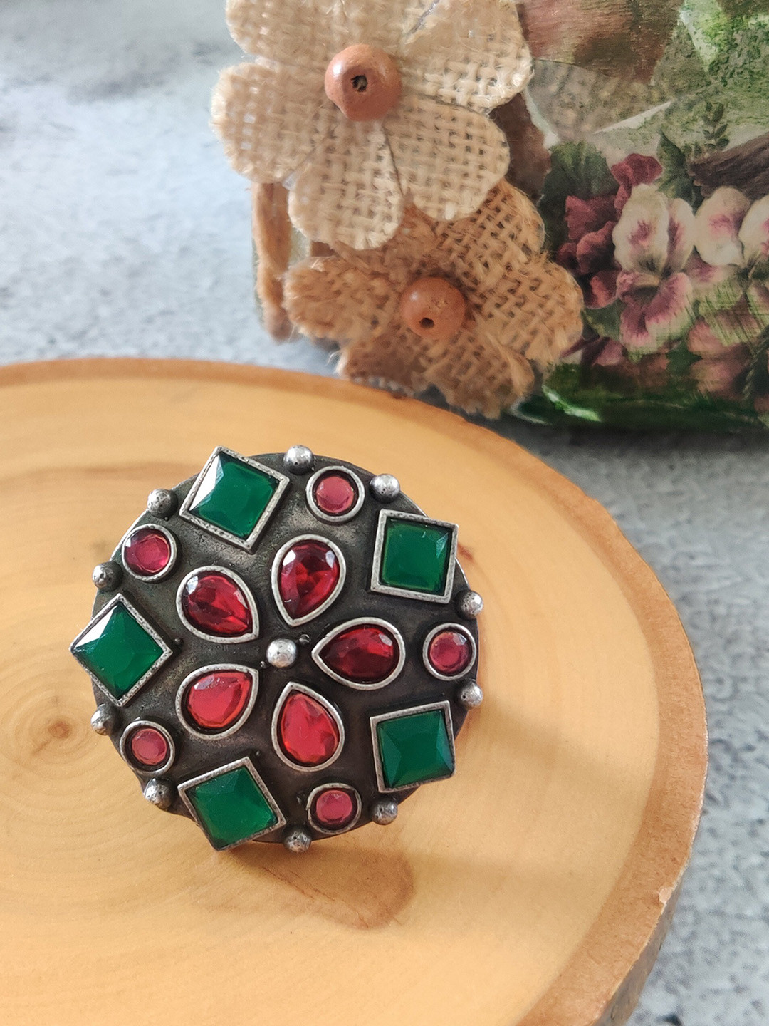 EL REGALO Women German Silver Red & Green Stone-Studded Oxidised Finger Ring