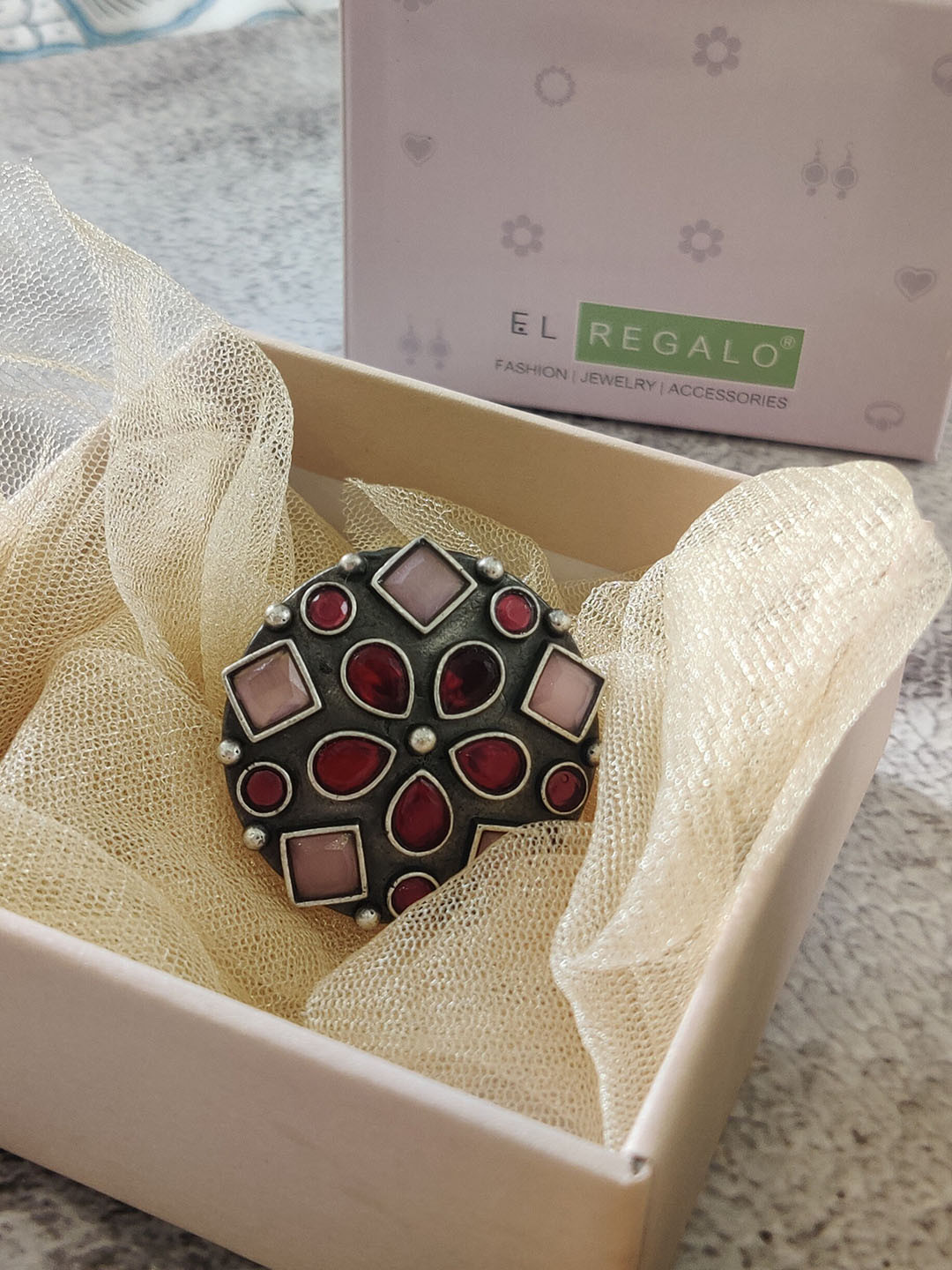 EL REGALO Silver-Toned Red & Pink Stone-Studded Finger Ring