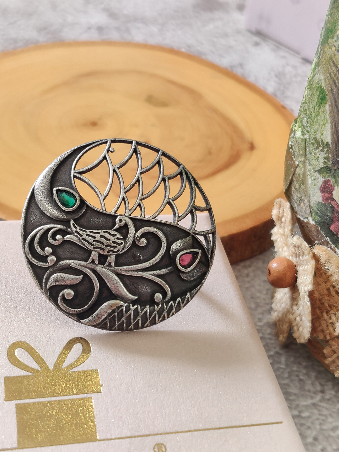 EL REGALO Women Silver-Toned Red & Green Stone-Studded Antique Adjustable Finger Ring