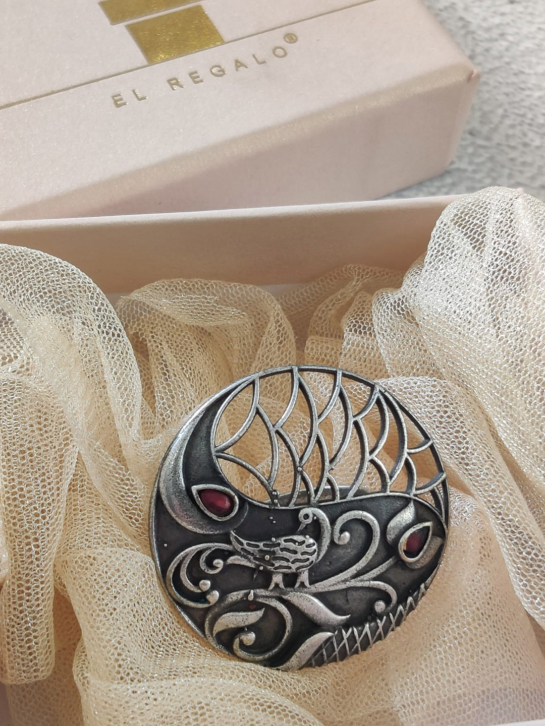 EL REGALO Silver-Toned & Red Oxidized Peacock Antique Ring