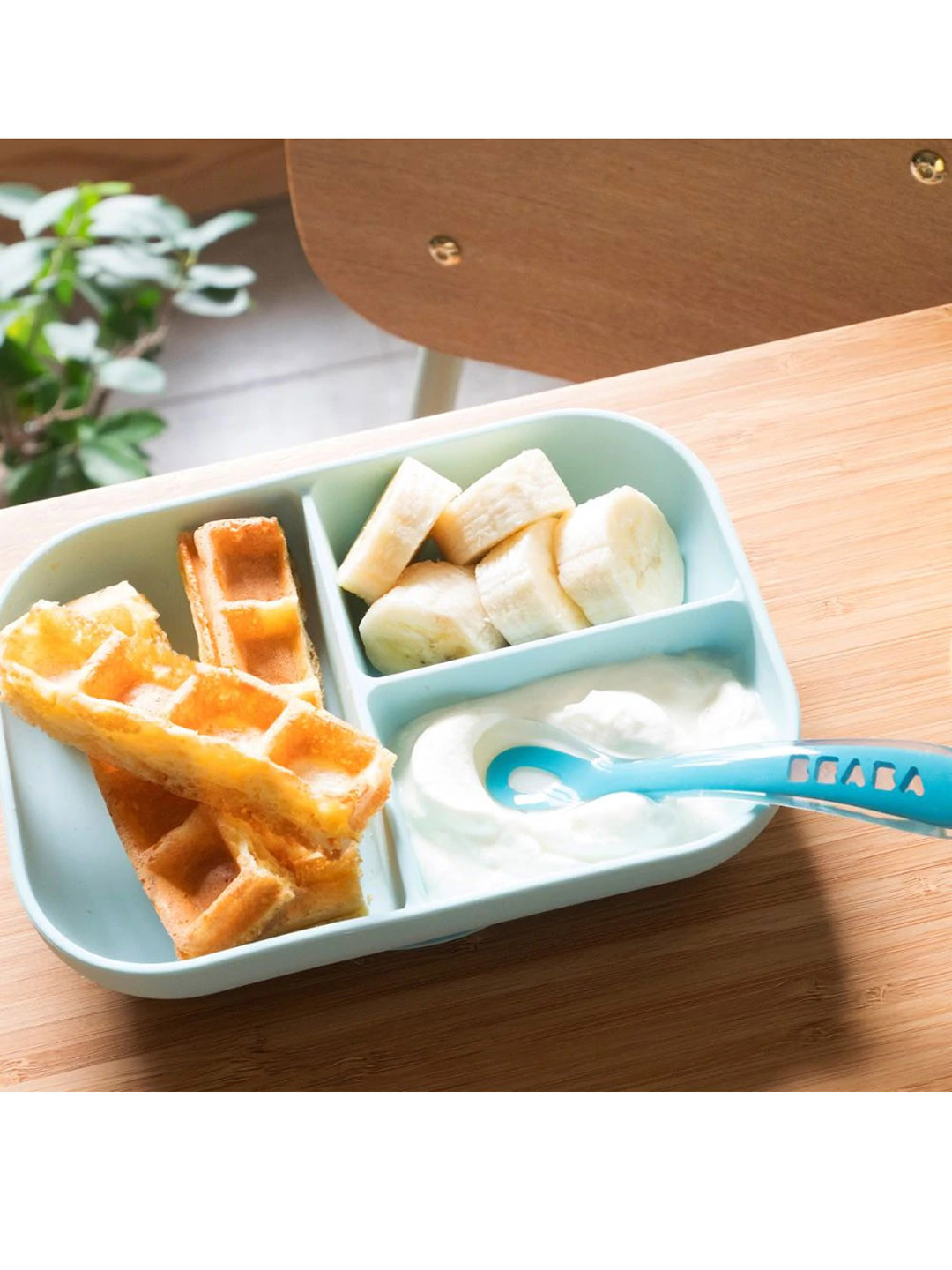 BEABA Infant Kids Blue Silicon Suction Divided Plate with Spoon