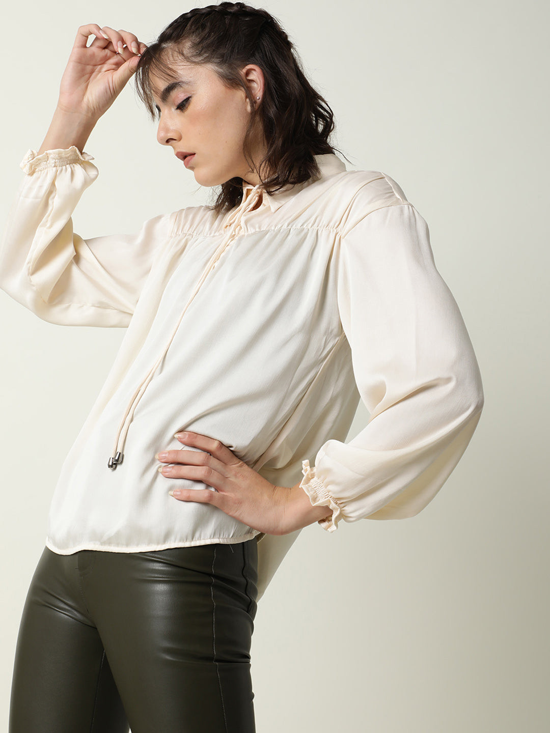 RAREISM Cream-Coloured Tie-Up Neck Top