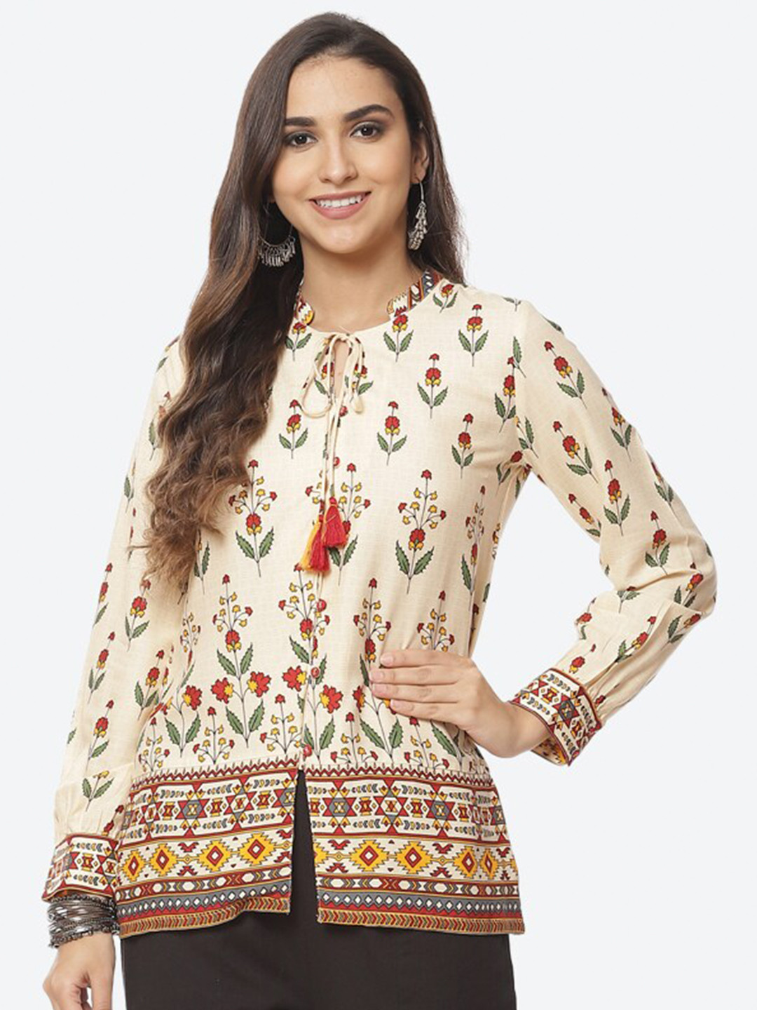 Rangriti Cream-Coloured & Green Print Top