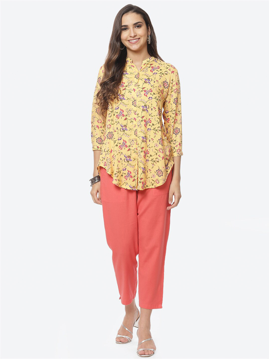 Rangriti Yellow Floral Print Mandarin Collar Top
