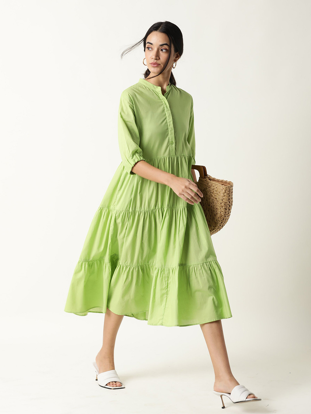 RAREISM Lime Green Pure Cotton A-Line Midi Tiered Dress